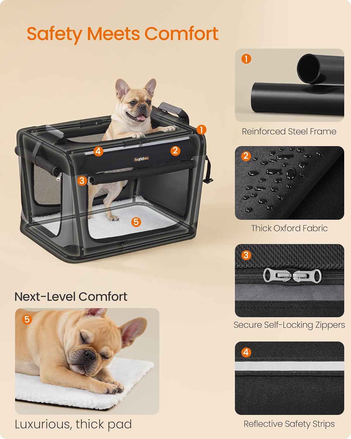 Feandrea Collapsible Dog Crate, 24-Inch Portable Dog Travel Crate for Small Dogs, Oxford Fabric Pet Carrier with 4 Mesh Doors, Handles, Storage Pocket, Water Bottle Holder, Ink Black UPDC016B01 - Happypetzone.online - Image 5