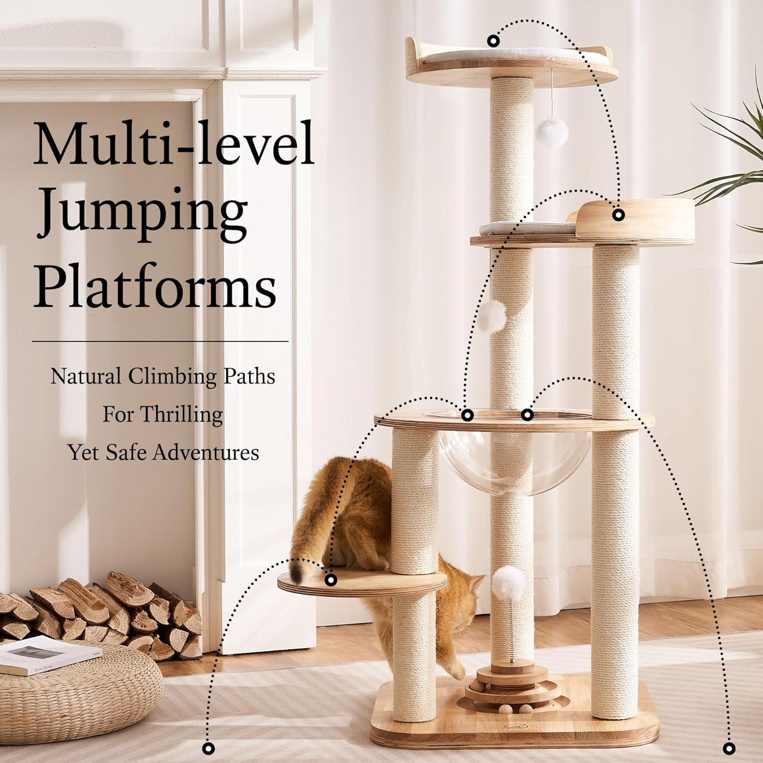 797Audio Modern Solid Wood Cat Tree Tower, 49" Tall Cat Tree with Sisal Scratching Posts and Capsule for Adult Cats, Natural Oak Wooden Cat Tower,Aesthetic Multi-Level Cat Climbing Tree for Indoor Cat - Happypetzone.online - Image 8