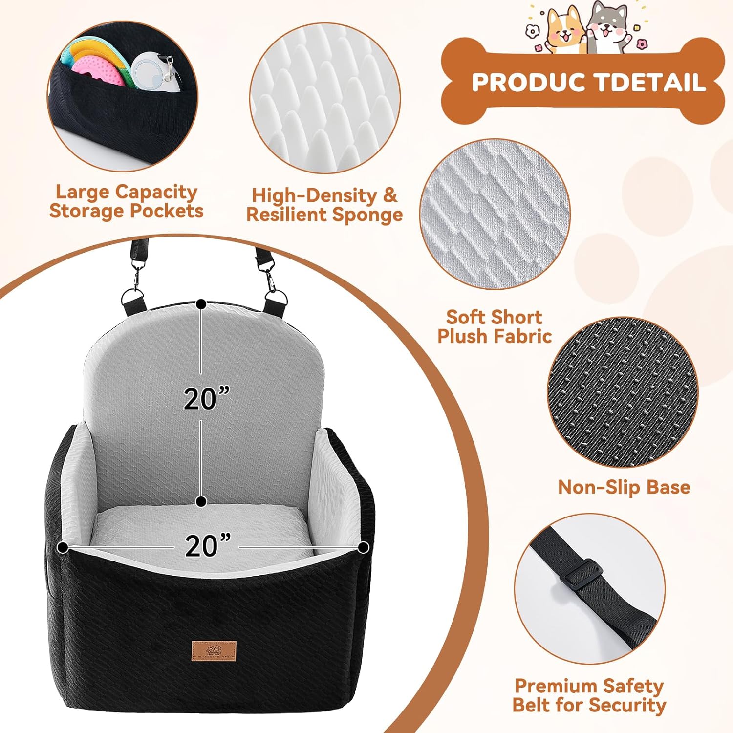 Dog Car Seat for Medium/Small Dogs, Dog Booster Car Seat, Pet Booster Seats Up to 40lbs with Waterproof Layer, 3 Storage Pockets and Safety Belt (Black/Grey) - Happypetzone.online - Image 8