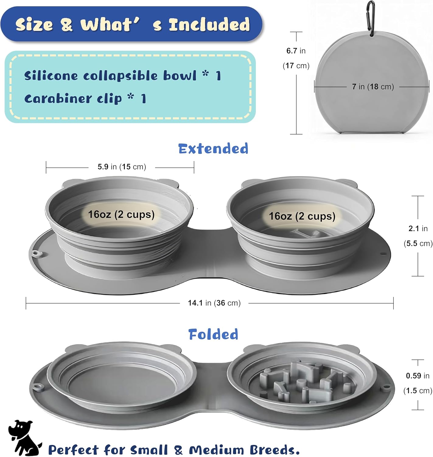 Premium Silicone Collapsible Dog Bowl with Carabiner Clip, 2-in-1 Foldable Double Pet Food & Water Travel Bowl, Portable No-Spill Design for Walking Hiking Camping, for Small Medium Dogs - Happypetzone.online - Image 5