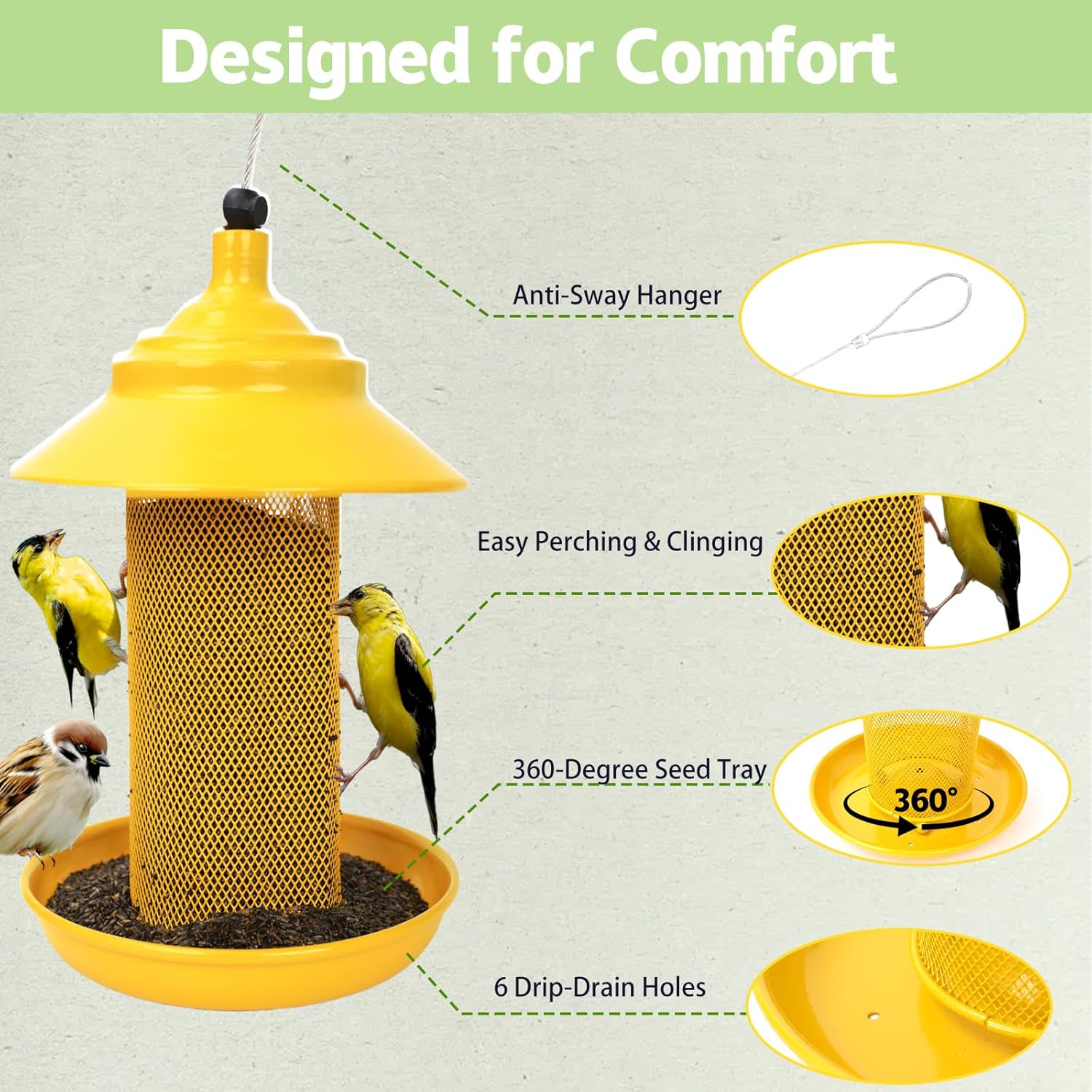 Finch Feeder - All-Metal Squirrel Proof Thistle Nyjer Seed Bird Feeder for Outdoors, 2.5LB Capacity, Powder-Coated Rust Resistant Mesh Design for Goldfinches & Small Birds Yellow - Happypetzone.online - Image 6