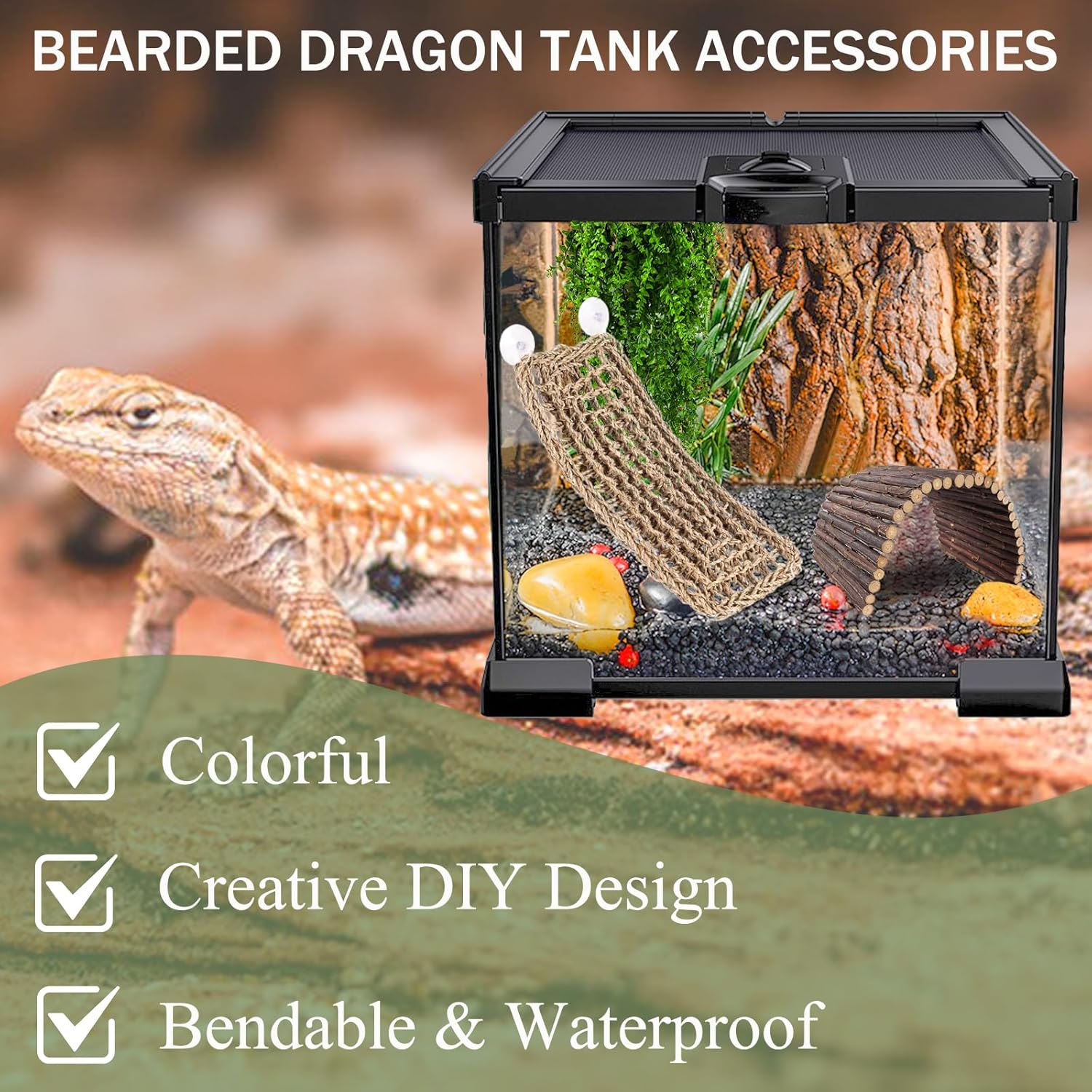 RUNANIA Bearded Dragon Tank Accessories, Reptile Mat Hammock Plants Bridge Jungle Climber Vines Terrarium Decorations for Bearded Dragon Lizard Snake - Happypetzone.online - Image 3