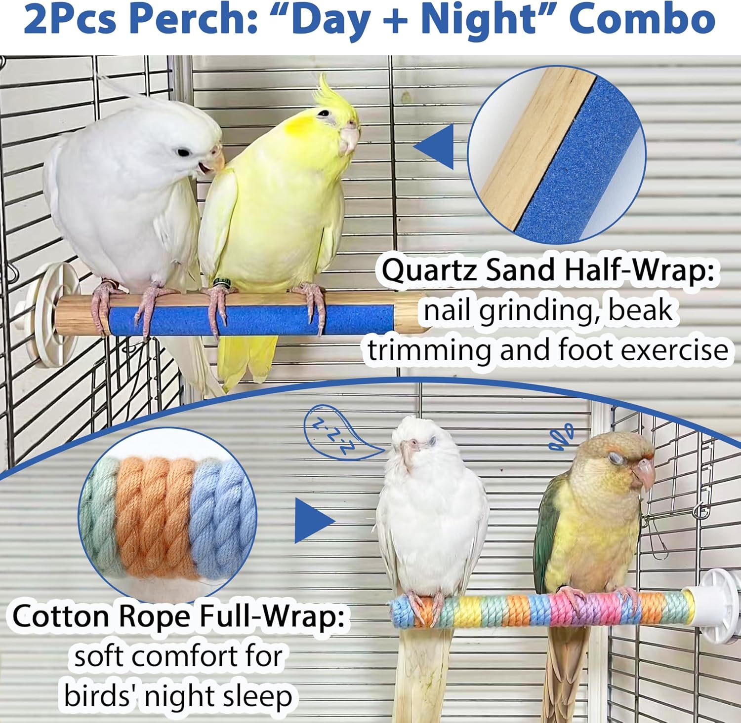 2Pcs Bird Perch for Cage, Upgraded Wooden Parrot Perch with Embedded Quartz for Gentle Claw & Nail Trimming, Cotton Rope Parakeet Perch for Soft Grip, Daily Care and Comfort Set for Cockatiel Lovebird - Happypetzone.online - Image 3