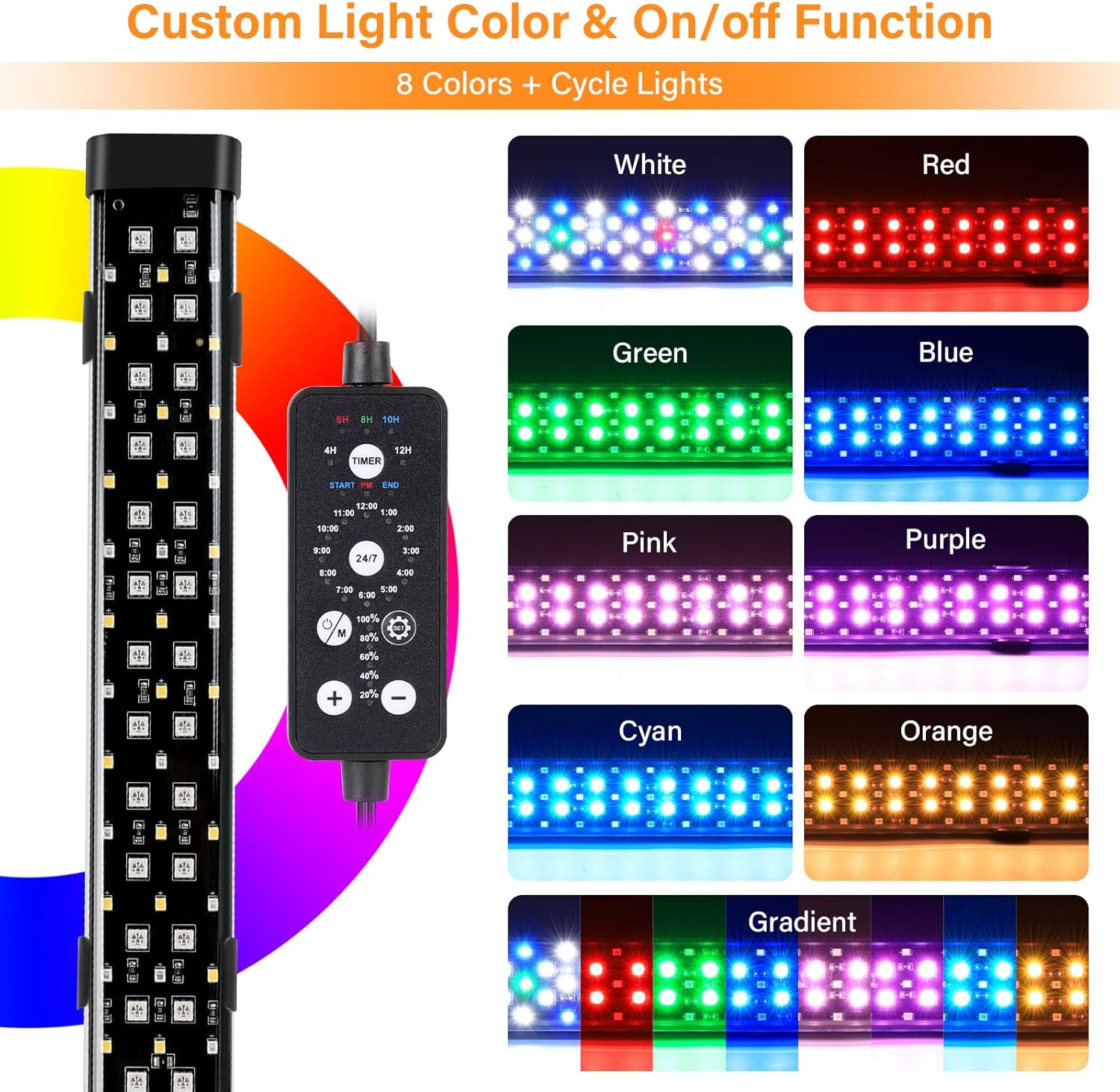 hygger Submersible LED Aquarium Light, 14W 15in 24/7 Mode Fish Tank Light with 5 Rows Beads, with Timer 9 Colors and Adjustable Brightness, Full Spectrum IP68 Waterproof Light for Fish Tank 16-27 inch - Happypetzone.online - Image 2