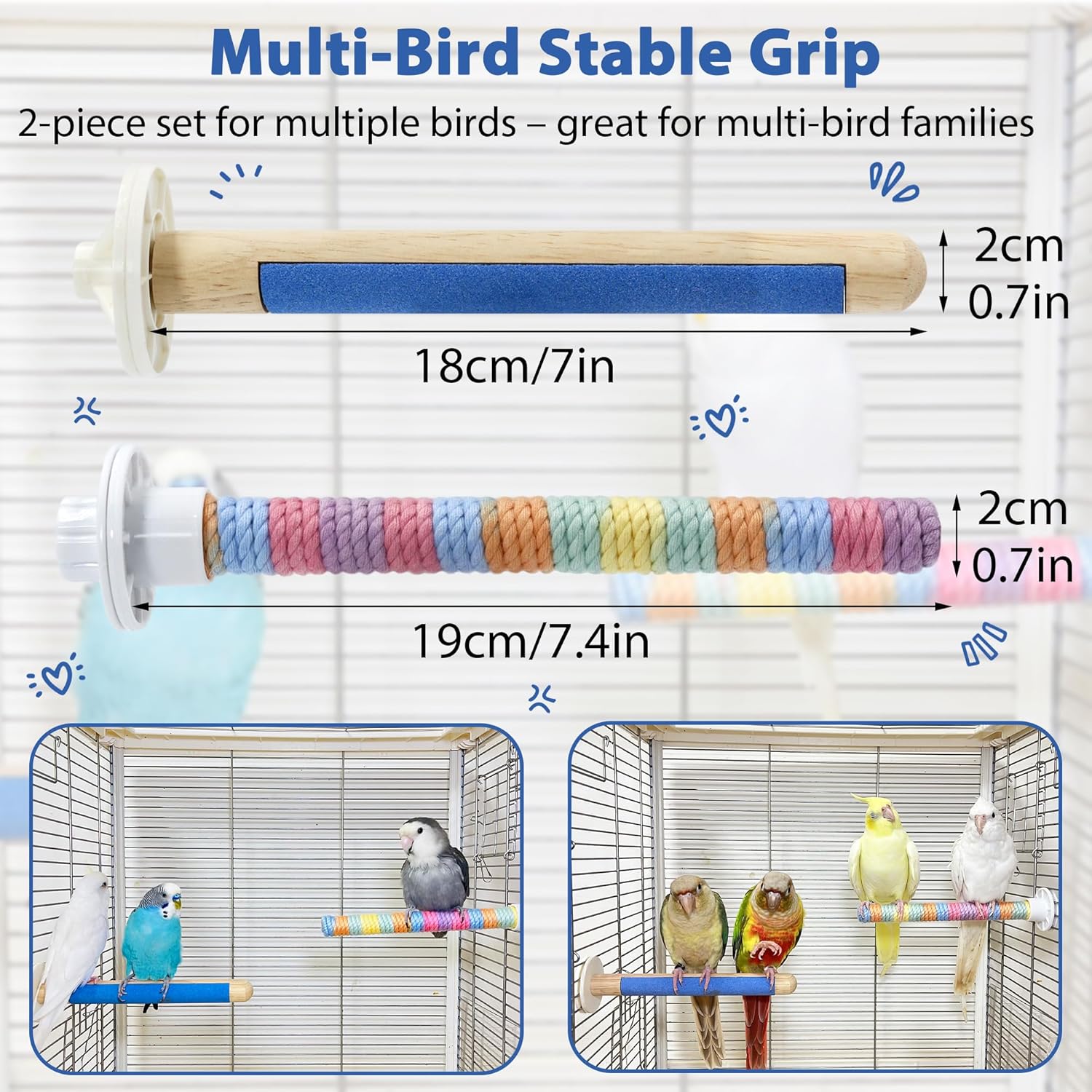2Pcs Bird Perch for Cage, Upgraded Wooden Parrot Perch with Embedded Quartz for Gentle Claw & Nail Trimming, Cotton Rope Parakeet Perch for Soft Grip, Daily Care and Comfort Set for Cockatiel Lovebird - Happypetzone.online - Image 6