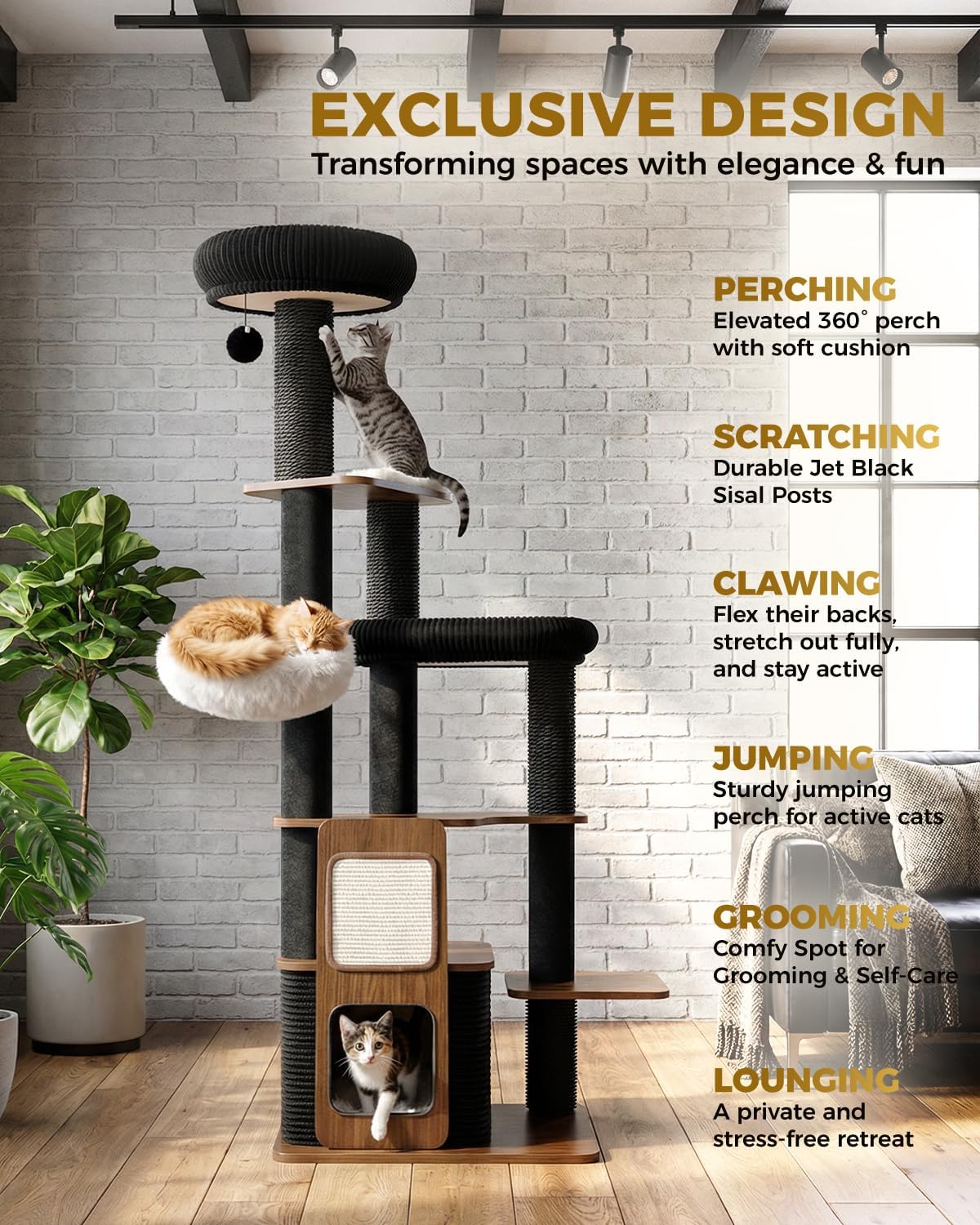 63" Modern Cat Tree Tower for Indoor Cats, Heavy Duty Cat Trees for Large Cat, Adult Maine Coon Cat Tree Tower with Scratching Post, Extra Large Top Perch, Cat Condos (Black) - Happypetzone.online - Image 2