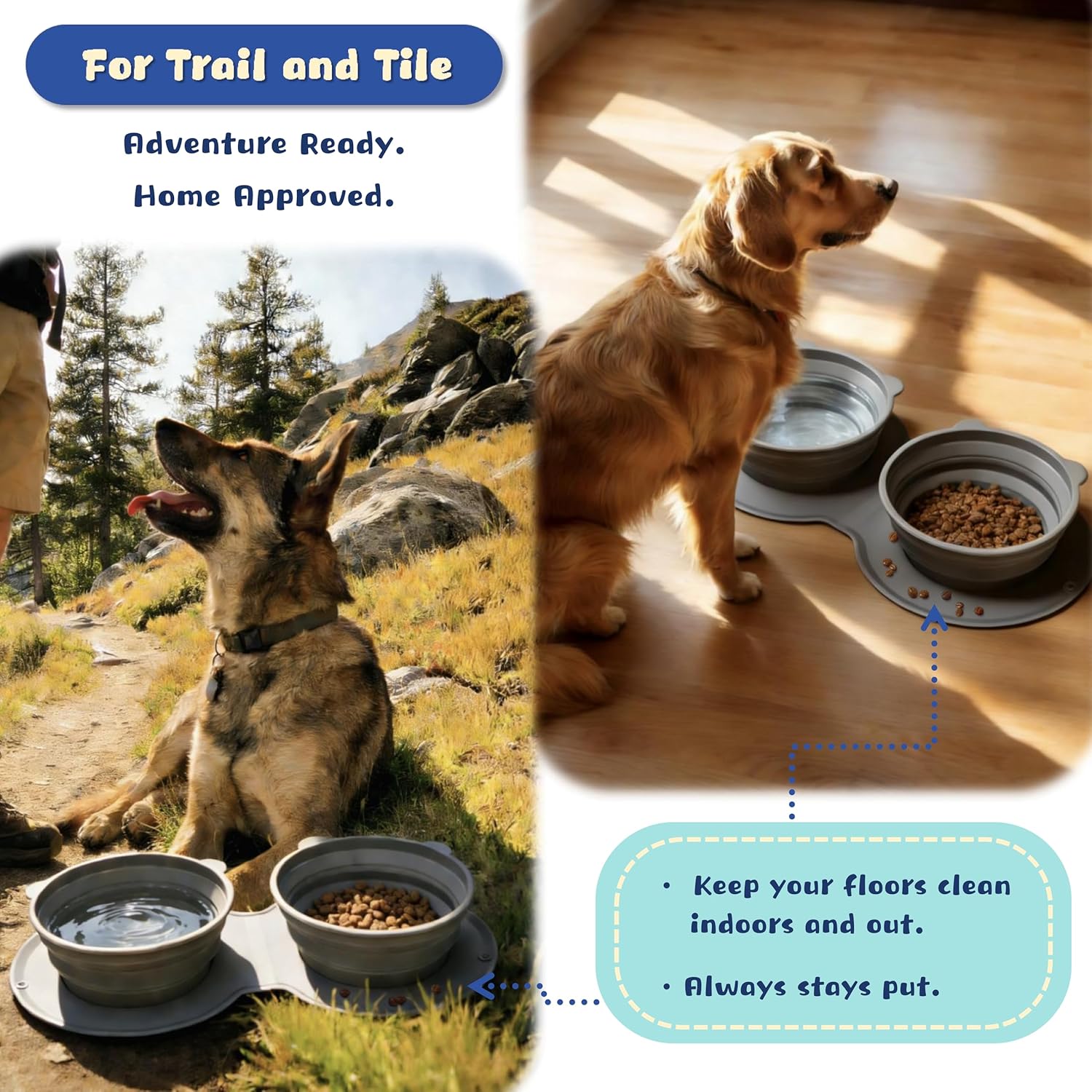 Premium Silicone Collapsible Dog Bowl with Carabiner Clip, 2-in-1 Foldable Double Pet Food & Water Travel Bowl, Portable No-Spill Design for Walking Hiking Camping, for Small Medium Dogs - Happypetzone.online - Image 3