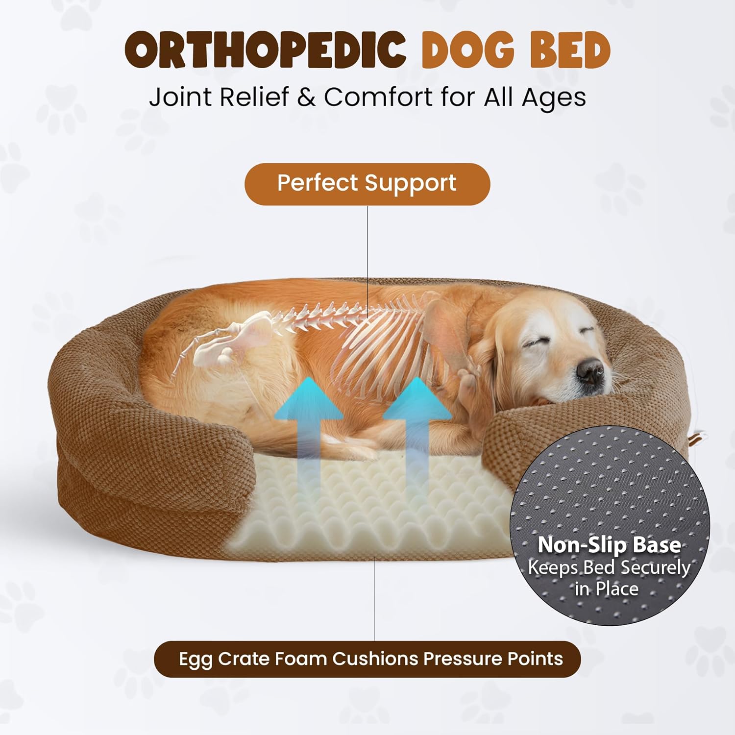 Orthopedic Dog Bed for Extra Large Dogs, XXL 52 Inches Oval Pet Bed with Memory Foam, Removable Washable Cover, Bolstered Sides, Non-Slip Bottom, Designed for Senior Dogs, Camel - Happypetzone.online - Image 4