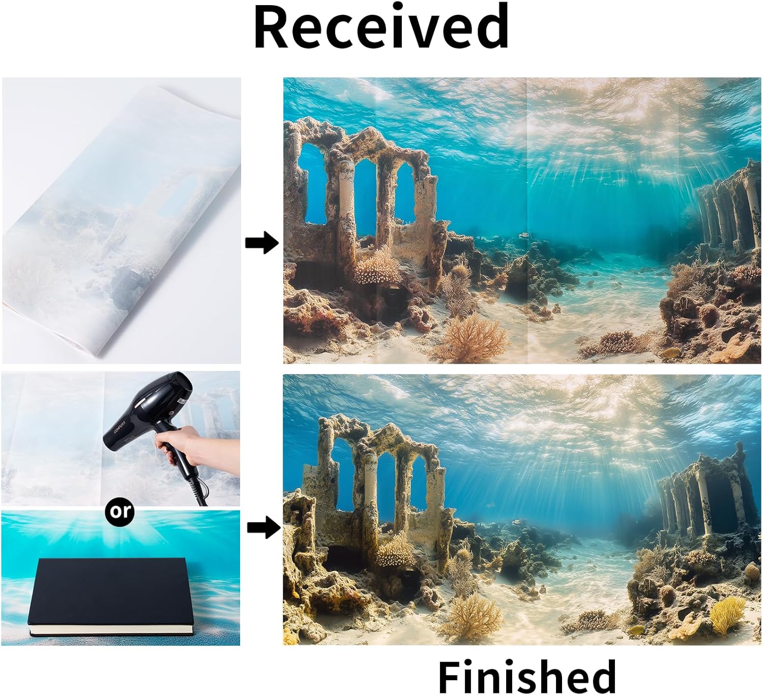 COMSUN 3 Pack Aquarium Background, 30x18 inches Polyester Aquarium Background, Cloth Fish Tank Background, Undersea Ruins Floor Sunshines & Tree Wood Branches Aquatic Plants - Happypetzone.online - Image 5