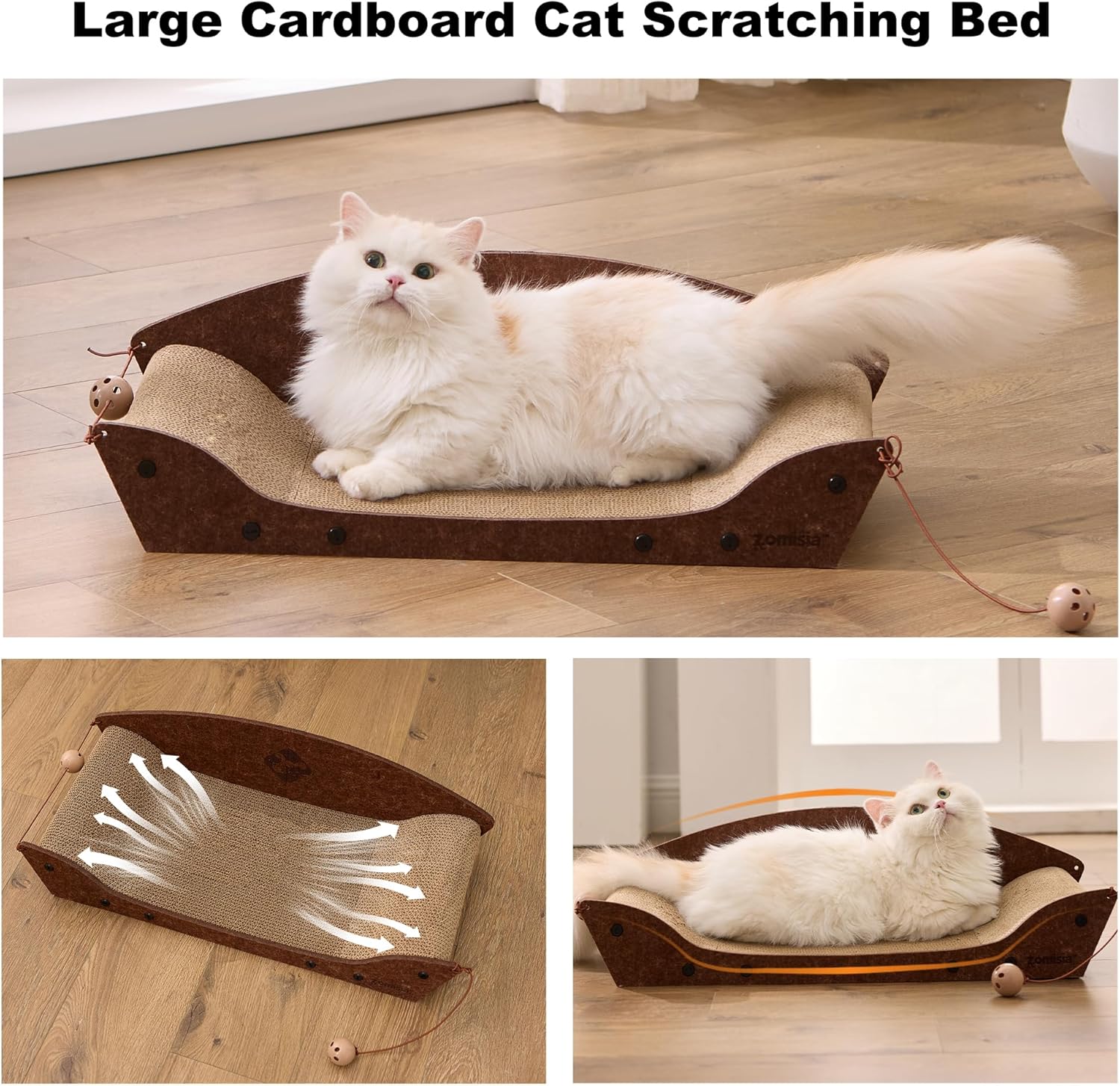 ZOMISIA 26'' Cardboard Cat Scratcher Bed - Large Scratcher Couch for Indoor Cats, Orthopedic Scratching Board, Lounger Scratching Couch with Bells - Happypetzone.online - Image 8