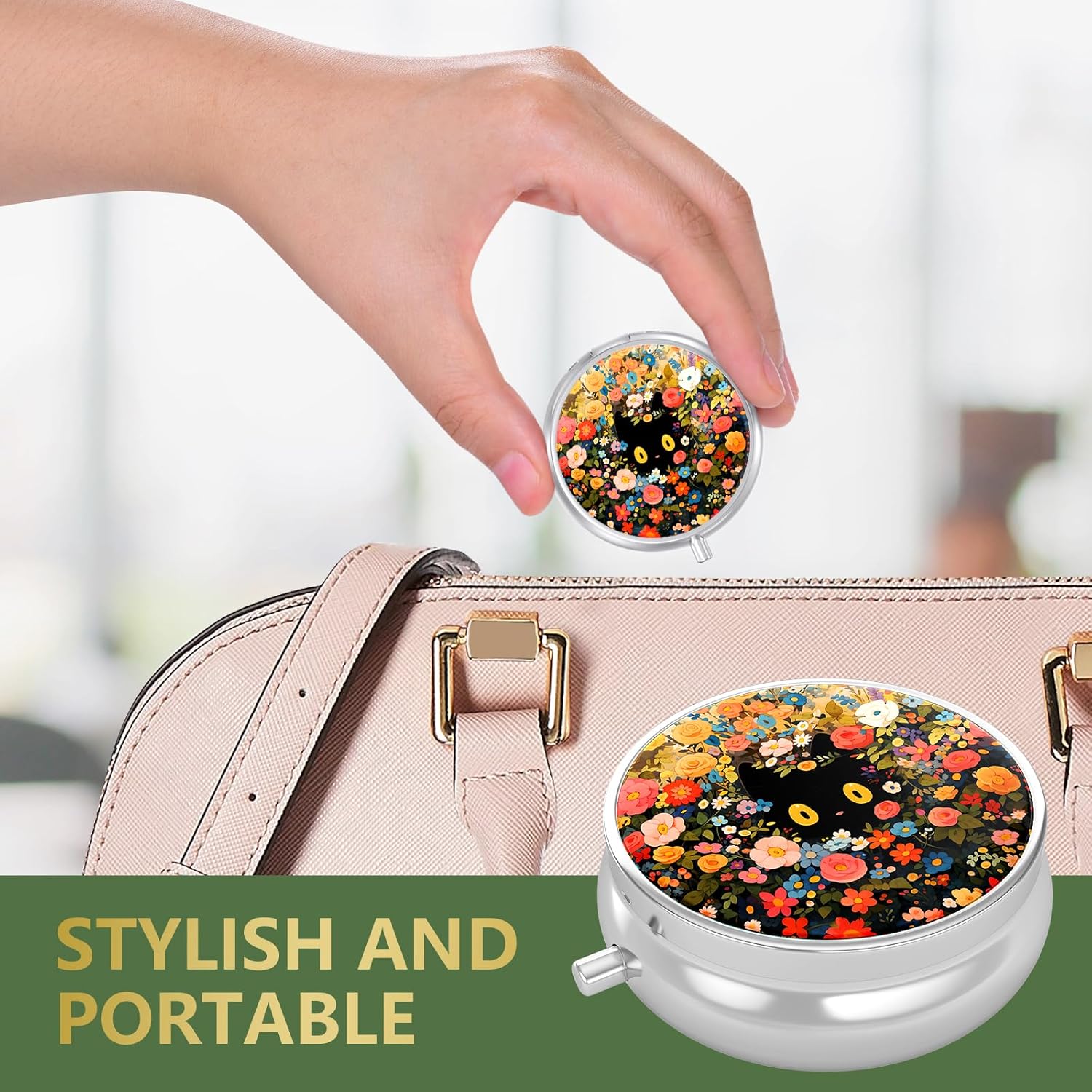 Nipichsha Pill Box, Small Pill Case for Purse & Pocket, Cute Travel Medicine Organizer, Portable Medicine Container Holder to Hold Vitamins, Medication, Fish Oil & Supplement, Flower Cat - Happypetzone.online - Image 5