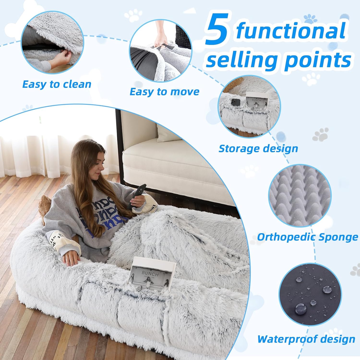 WROS Human Dog Bed - 71"x45"x12" Fits You & Pets, Washable Faux Fur, Orthopedic, Plump Pillow, Blanket, Strap - Grey - Happypetzone.online - Image 3