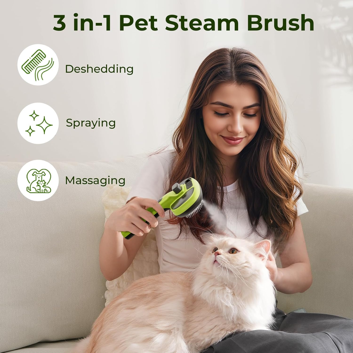Pecute Cat Steam Brush, Self-Cleaning Steam Cat Brush with 2 Water Spray Modes, Large Capacity Tank, Steaming Renu Dog Brush for Shedding Massaging Grooming, Cool Mist Only - Happypetzone.online - Image 2
