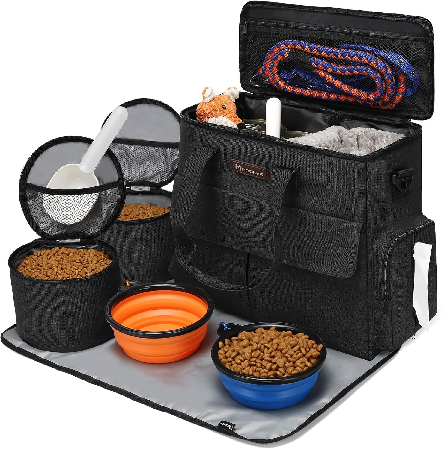 Dog Travel Bag by Modoker - Dog Travel Kit for a Weekend Away Set Includes Pet Travel Bag Organizer for Accessories, 2 Collapsible Bowls, 2 Travel Food Container (Black) - Happypetzone.online - Image 4