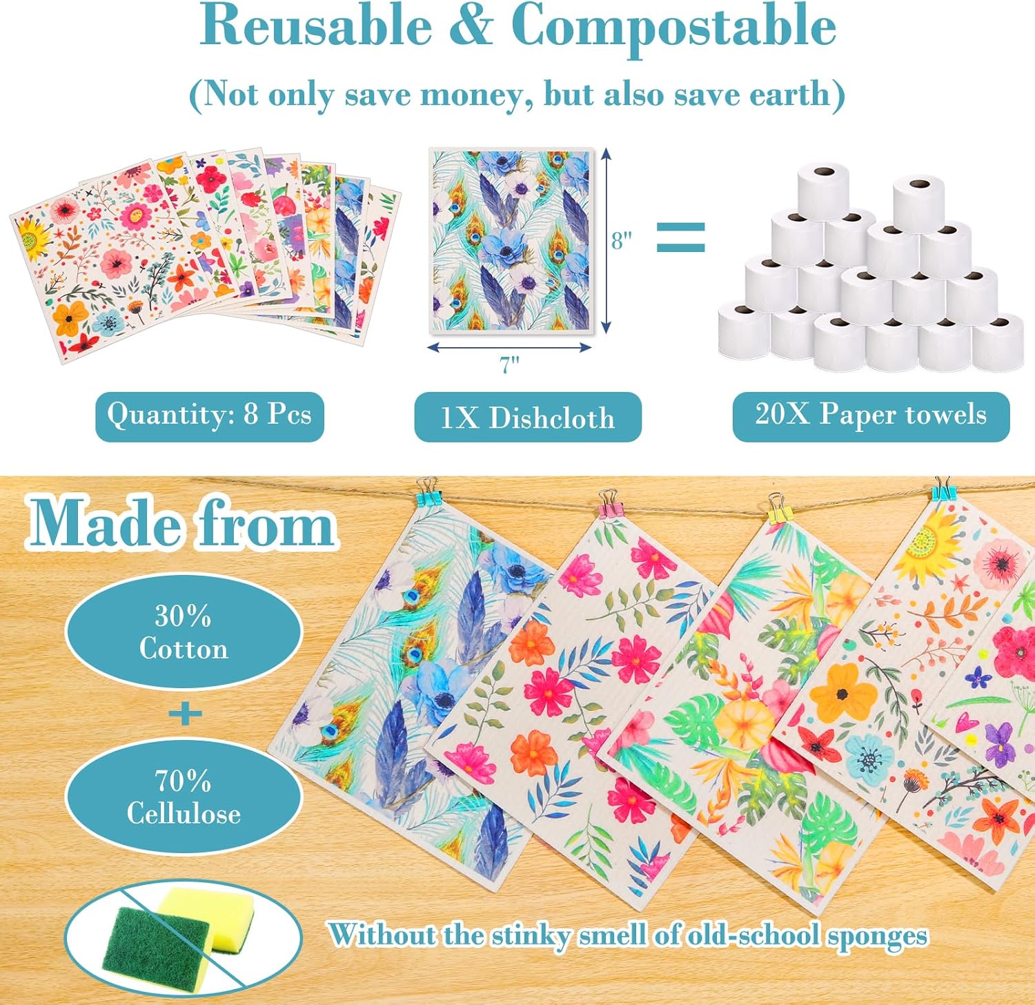 Lucomb Swedish Dishcloths for Kitchen Dishes, 8 Pack Reusable Cleaning Cloths Replace Paper Towels Swedish Towels Cleaning Rags Eco Friendly Biodegradable for Home Office Wipes - Happypetzone.online - Image 2