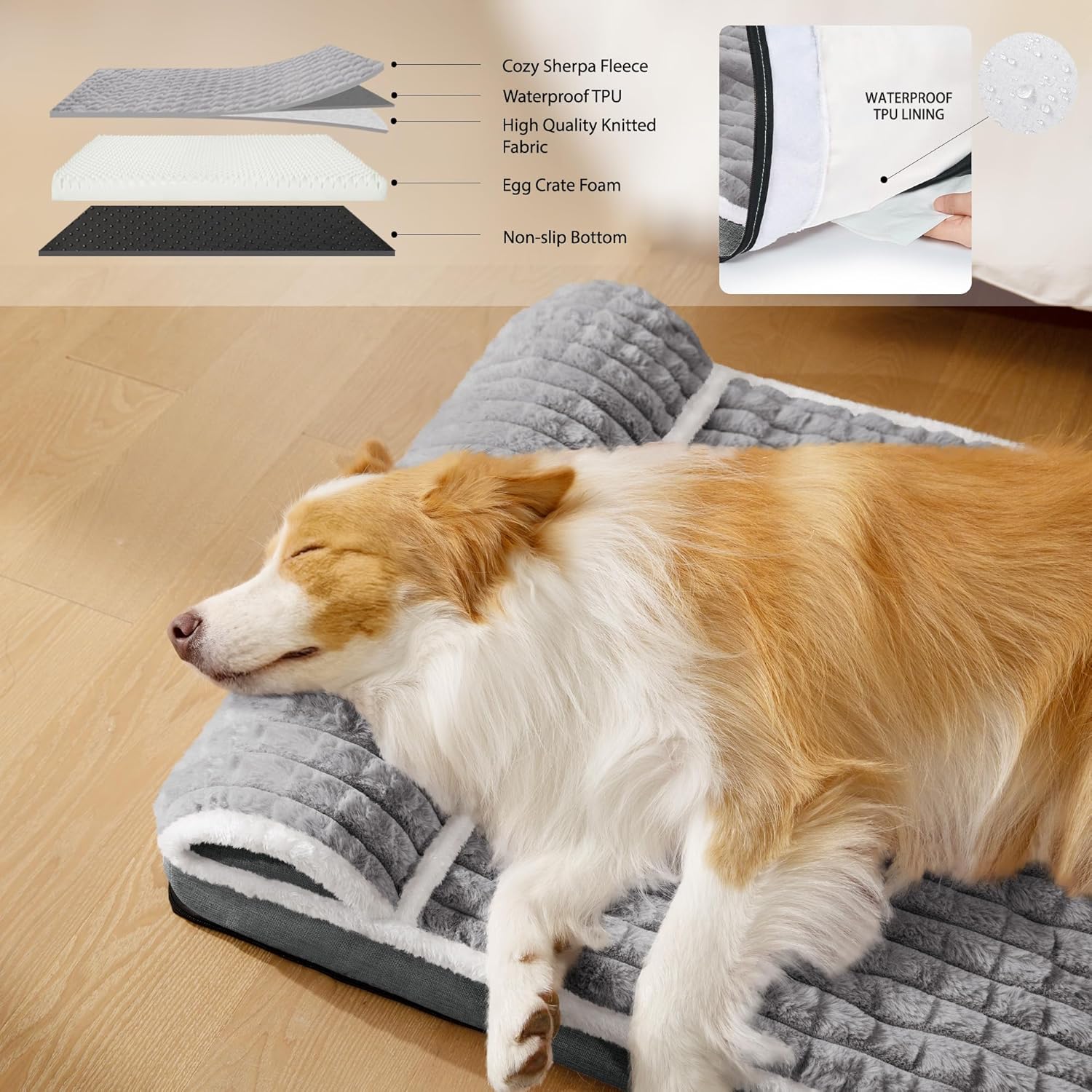 Orthopedic Dog Bed Large Sized Dog with Pillow 36''X24'', Waterproof Soft Comfortable Egg Crate Foam Pet Crate Beds Mat with Removable Washable Cover and Non-Slip Bottom, Grey - Happypetzone.online - Image 3