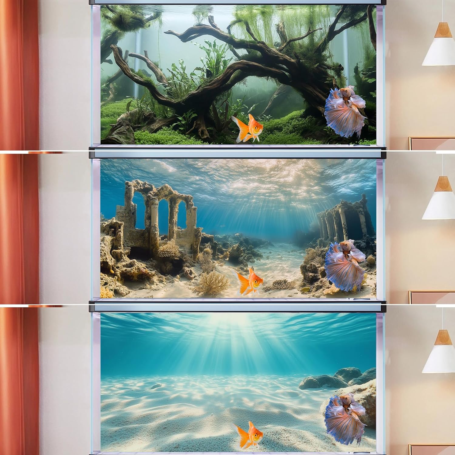 COMSUN 3 Pack Aquarium Background, 30x18 inches Polyester Aquarium Background, Cloth Fish Tank Background, Undersea Ruins Floor Sunshines & Tree Wood Branches Aquatic Plants - Happypetzone.online - Image 6