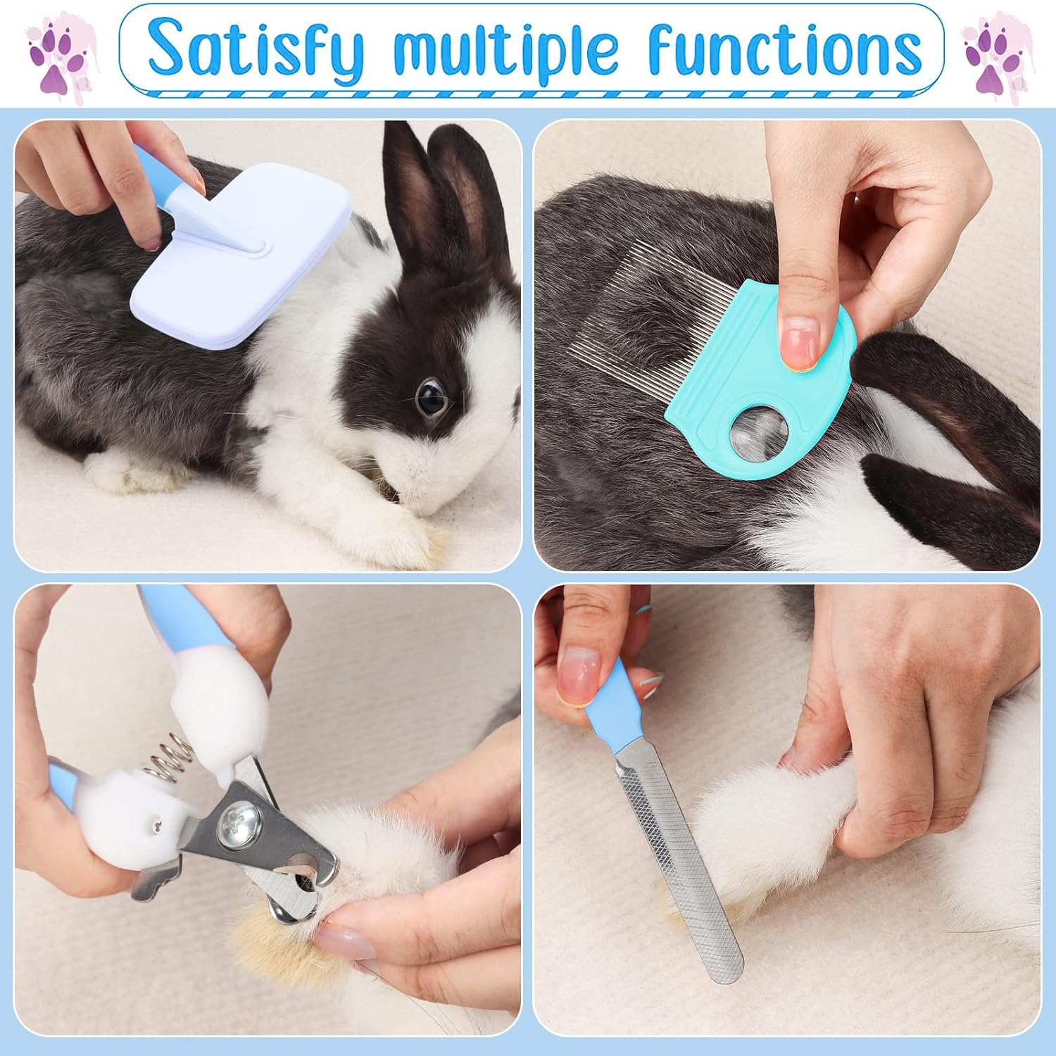 VCZONE Small Animal Grooming Set: Pet Nail Clipper & File, Flea Comb, Shampoo Brush, Shedding Slicker Brush, Massage Glove, Cleaning Comb (Blue) - Happypetzone.online - Image 3