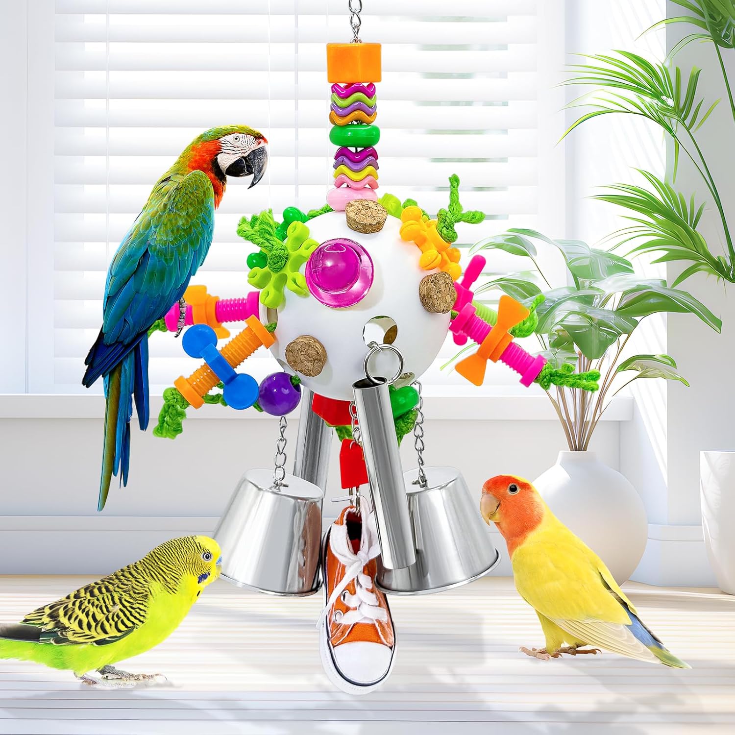 Bird Toys, Parrot Pullable Stainless Steel Cup Colorful Acrylic Stick Chew Toys for Amazons Mini Macaws African Greys Cockatoos Conures,Cockatiels, Lovebirds,Parrotlet,Eclectus (White) - Happypetzone.online - Image 2