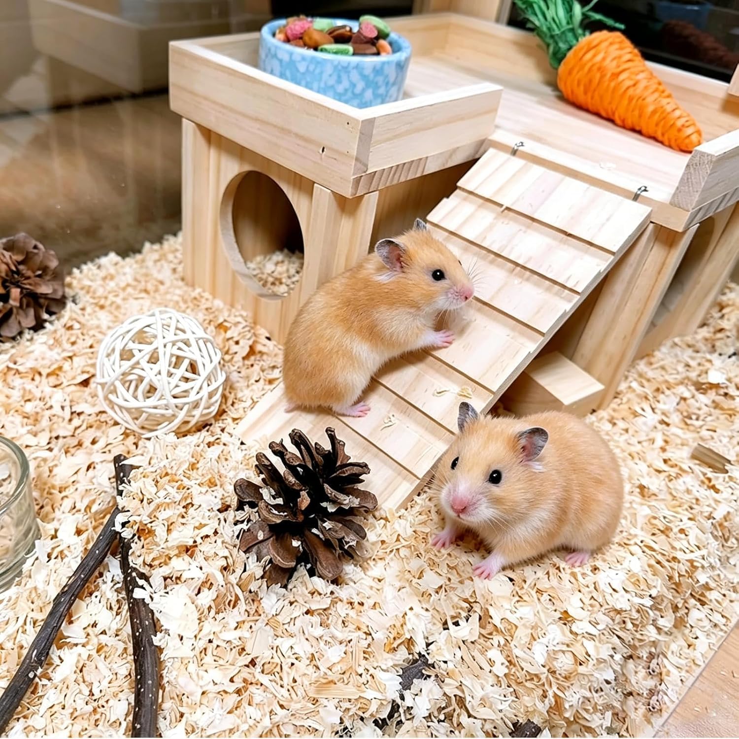 Wooden Hamster Hideout,Dwarf Hamster Hide House with Platform & Bowl & Ladder,Small Hamsters Maze Hut Hides Habitats Decor Cage Accessories for Gerbils,Mice,Mouse - Happypetzone.online - Image 7