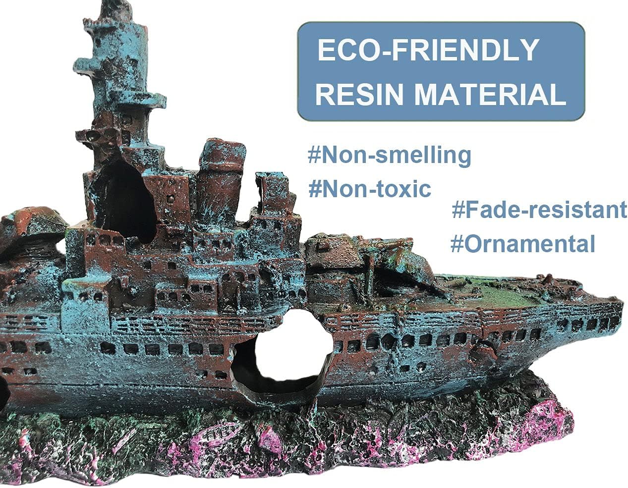 SLOCME Aquarium Shipwreck Decorations Fish Tank Ornaments - Resin Material Sunken Ship Decorations, Eco-Friendly for Freshwater Saltwater Aquarium Betta Fish Decorations - Happypetzone.online - Image 3