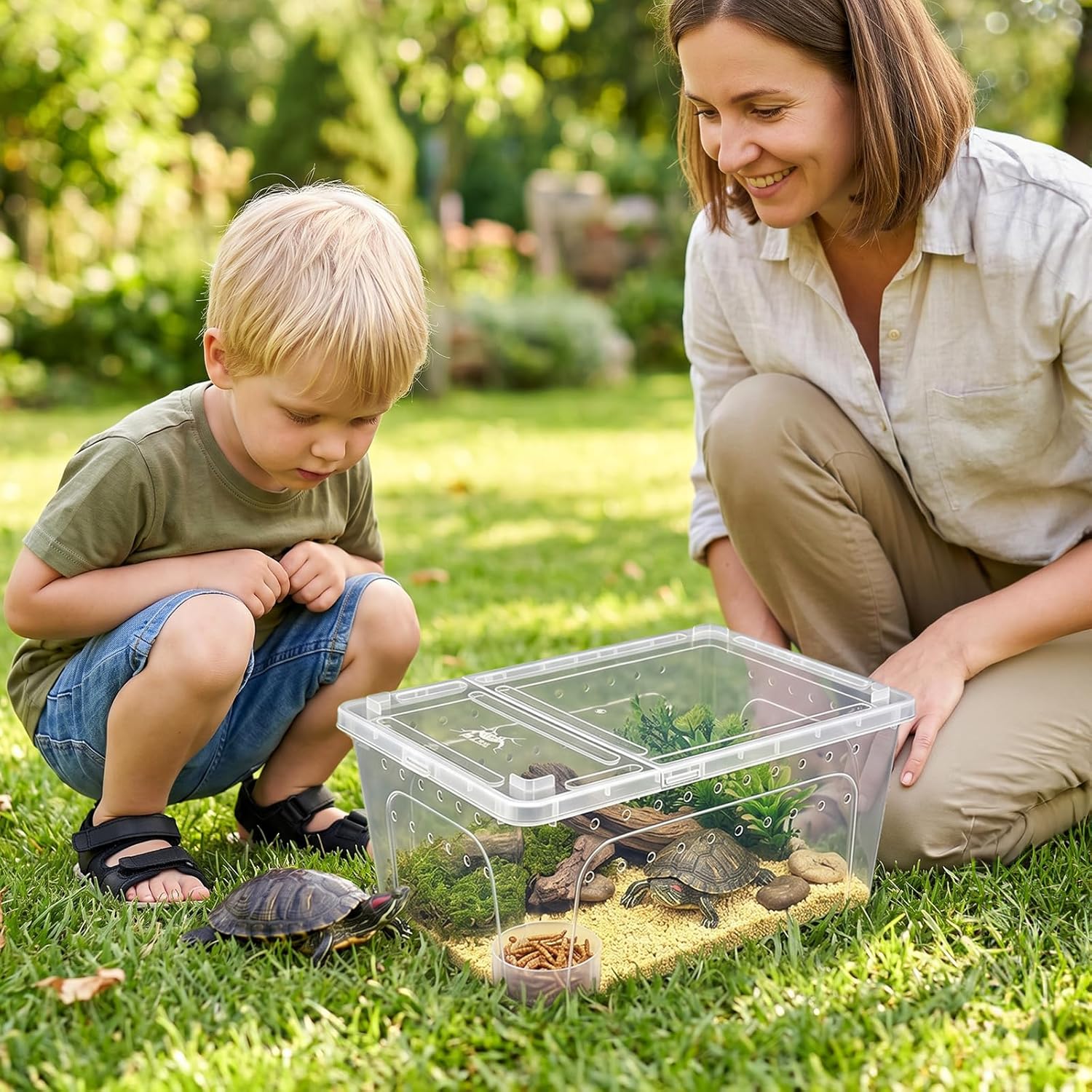Tlence 2 Pack Critter Keeper, 12.6"x8.7"x6" Clear Plastic Enclosure Terrarium, Portable Transport Container with Feeding Bowl, Small Hatching Container with Ventilated Lid for Snake, Lizard, Gecko - Happypetzone.online - Image 6