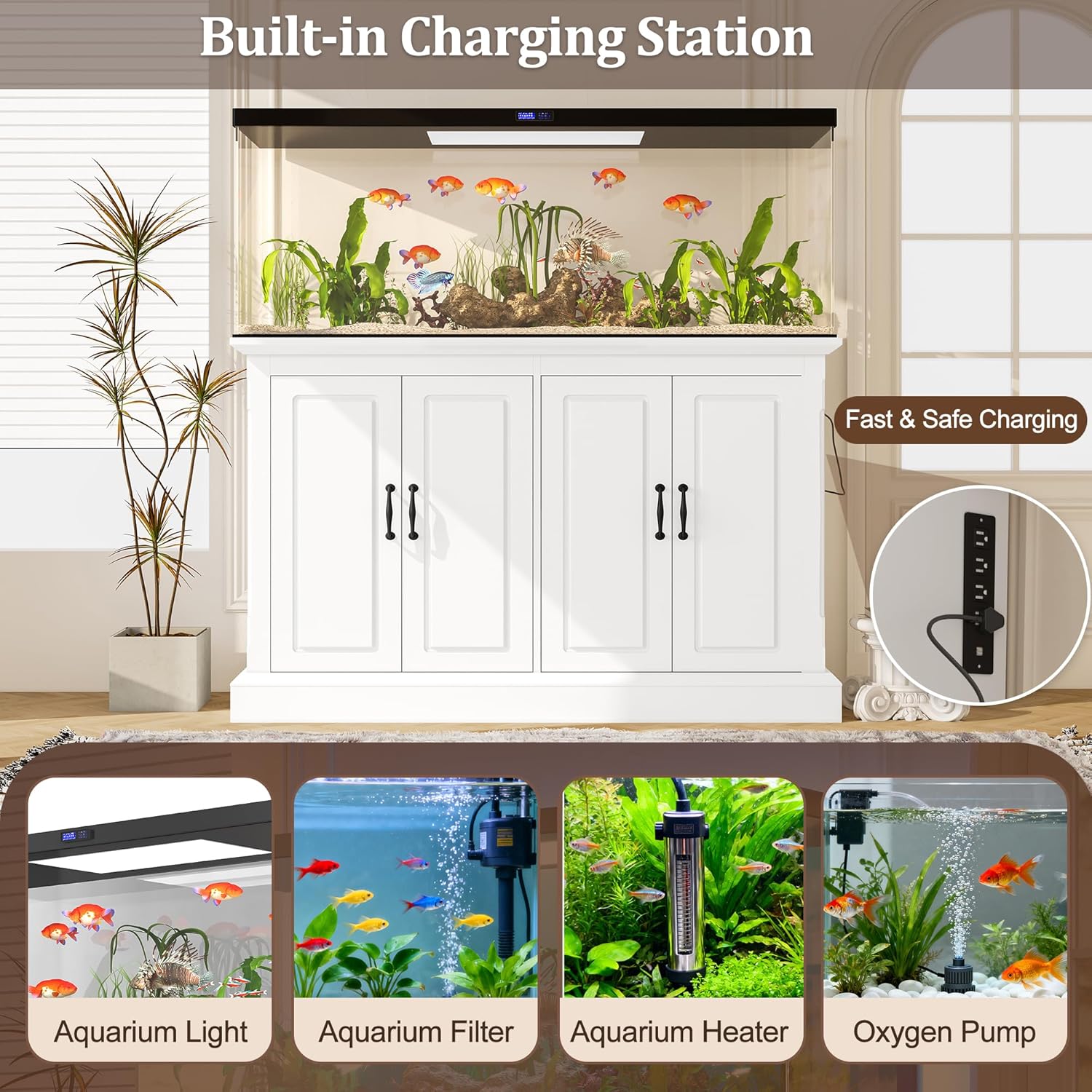 55-75 Gallon Fish Tank Stand with Power Outlet and 4 Cabinets, White Aquarium Stand with 4 AC 2 USB Ports, Heavy Duty Reptile Terrarium Cabinet, 880LBS Capacity, Aquarium Not Included - Happypetzone.online - Image 3