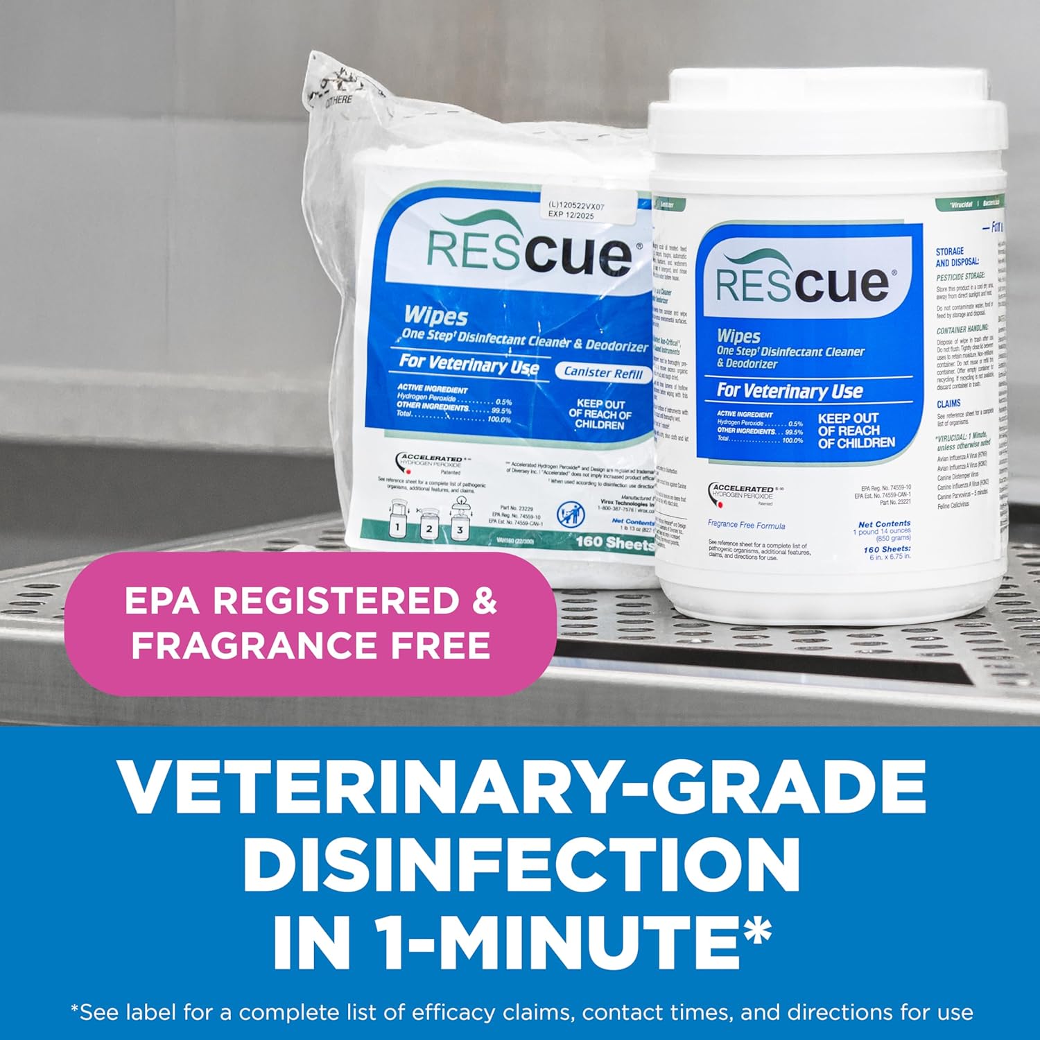 REScue One-Step Disinfectant Cleaner & Deodorizer Wipes for Vet Use – Cleaner for Kennels, Litter Boxes, Vet Offices, Pet Grooming Surfaces, Pet Items – Wipes Canister, 160-Count (Pack of 1) - Happypetzone.online - Image 2
