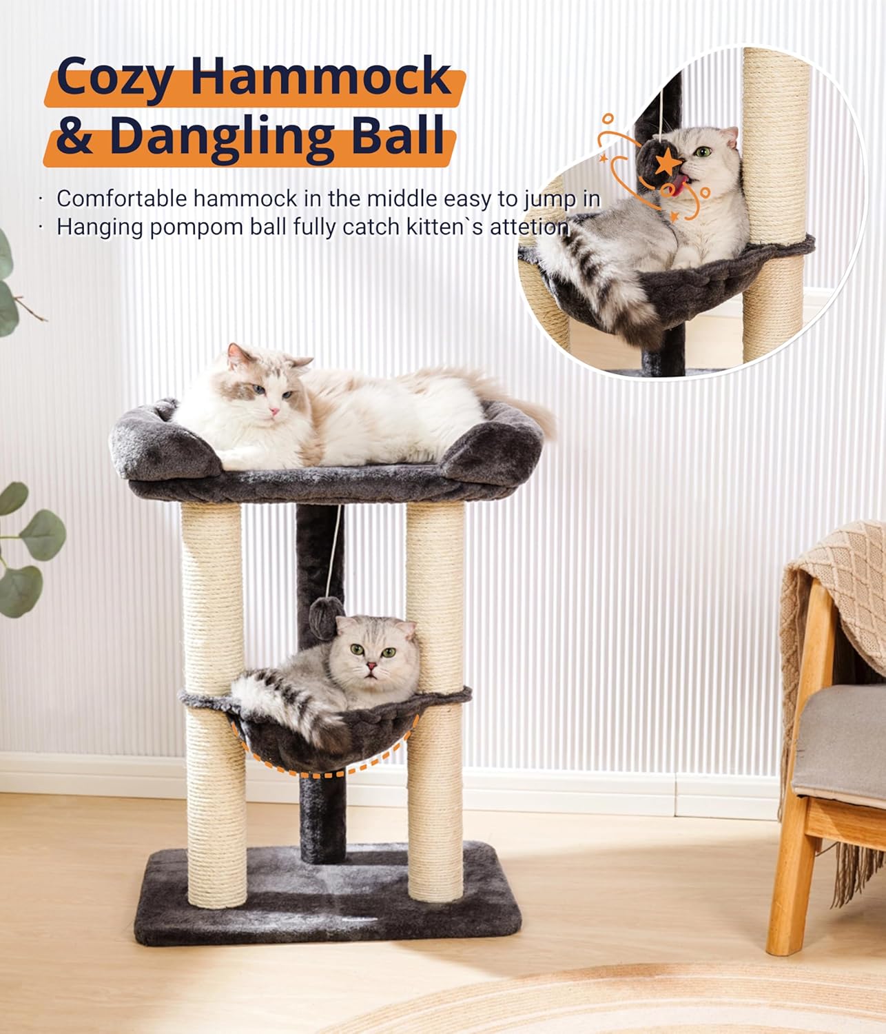 Happi N Pets 28" Cat Tree, Large Bed for Big Cats, Small Cat Tower with Soft Perch for Window Viewing, Stable Cat Tree Tower, Cat Scratching Post with Hammock, Removable Cover-Gray - Happypetzone.online - Image 6