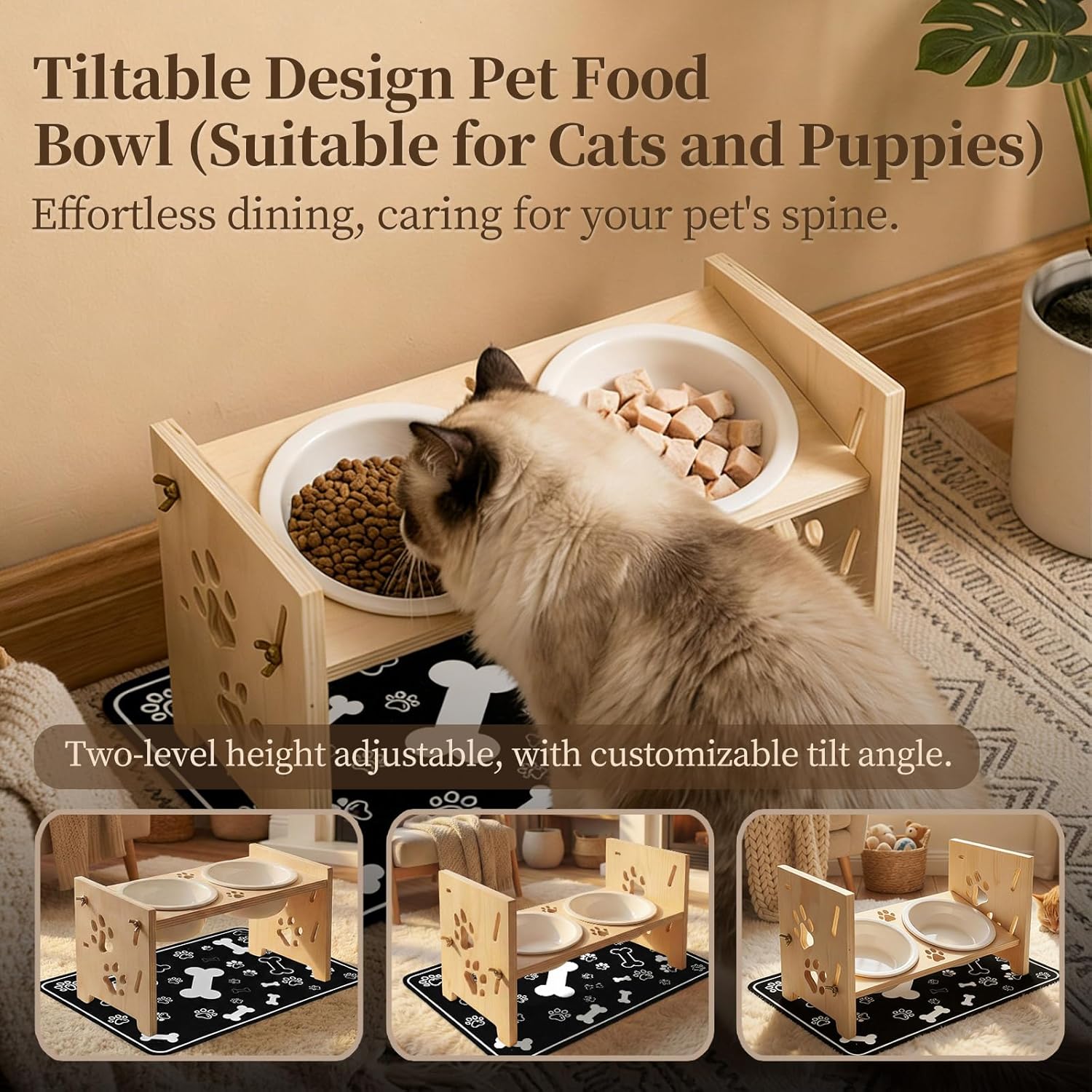 2026 New Elevated Cat Bowls with Food Mat, Adjustable Height & Angle Raised Cat & Dog Bowls Stand for Food and Water, Cat or Small Dog Feeding Station, 2 Ceramic Bowls for Cats and Puppy(Natural Wood) - Happypetzone.online - Image 2