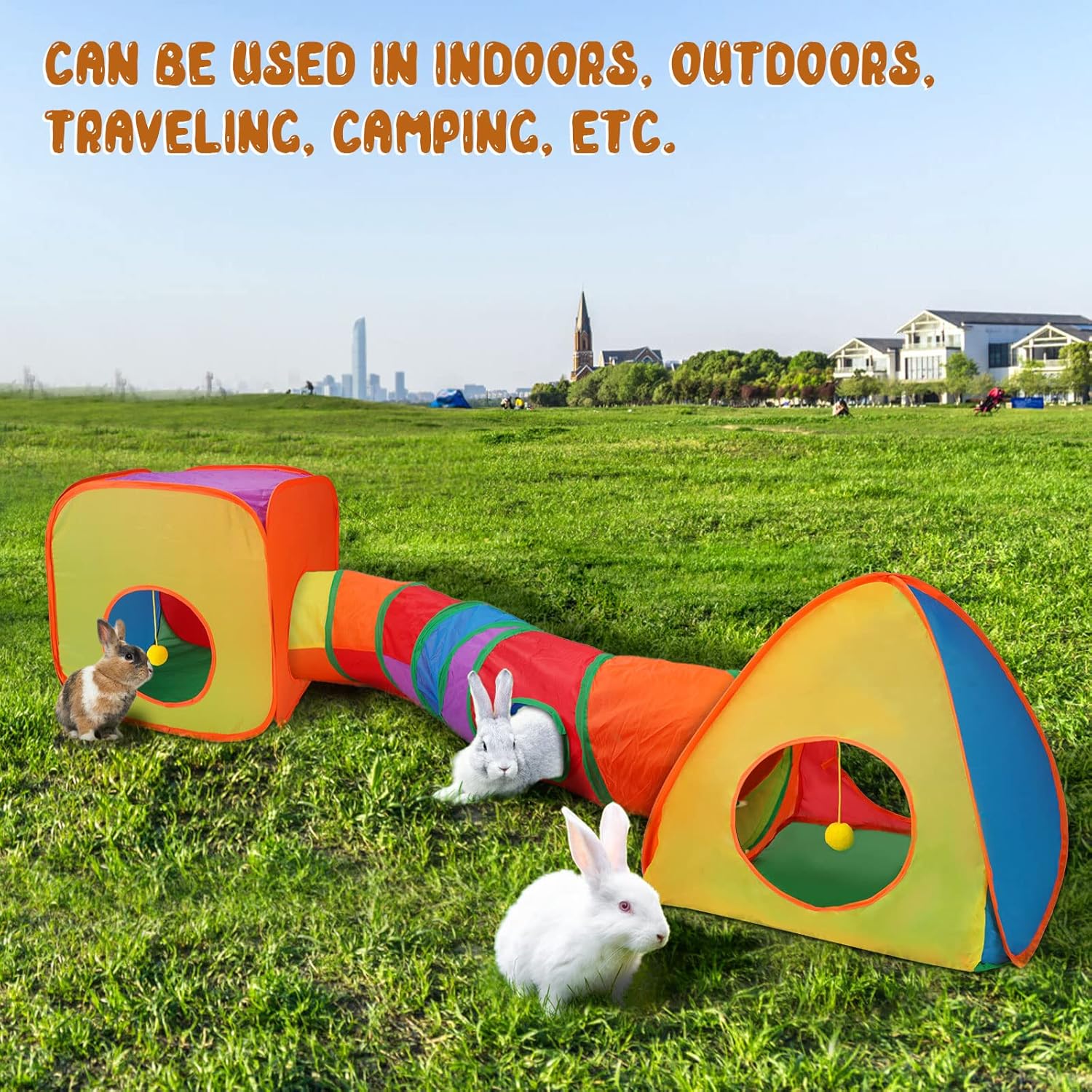 YUEPET Rabbit Tunnel and Cube Collapsible Tent Bunny Interactive Crinkle Tunnel Toys Small Animal Hideout with Play Ball for Dwarf Rabbit Bunny Guinea Pig (Rainbow) - Happypetzone.online - Image 5