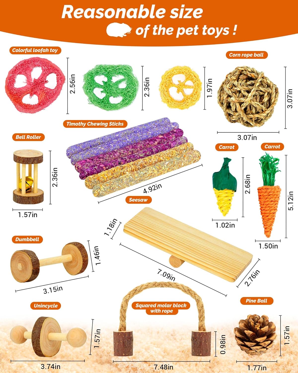 Hamster & Guinea Pig Toys - 18 Pcs Wooden Small Animal Chew Toys for Teeth - Rabbit, Chinchilla, Gerbils, Rats Exercise Accessories - Happypetzone.online - Image 2