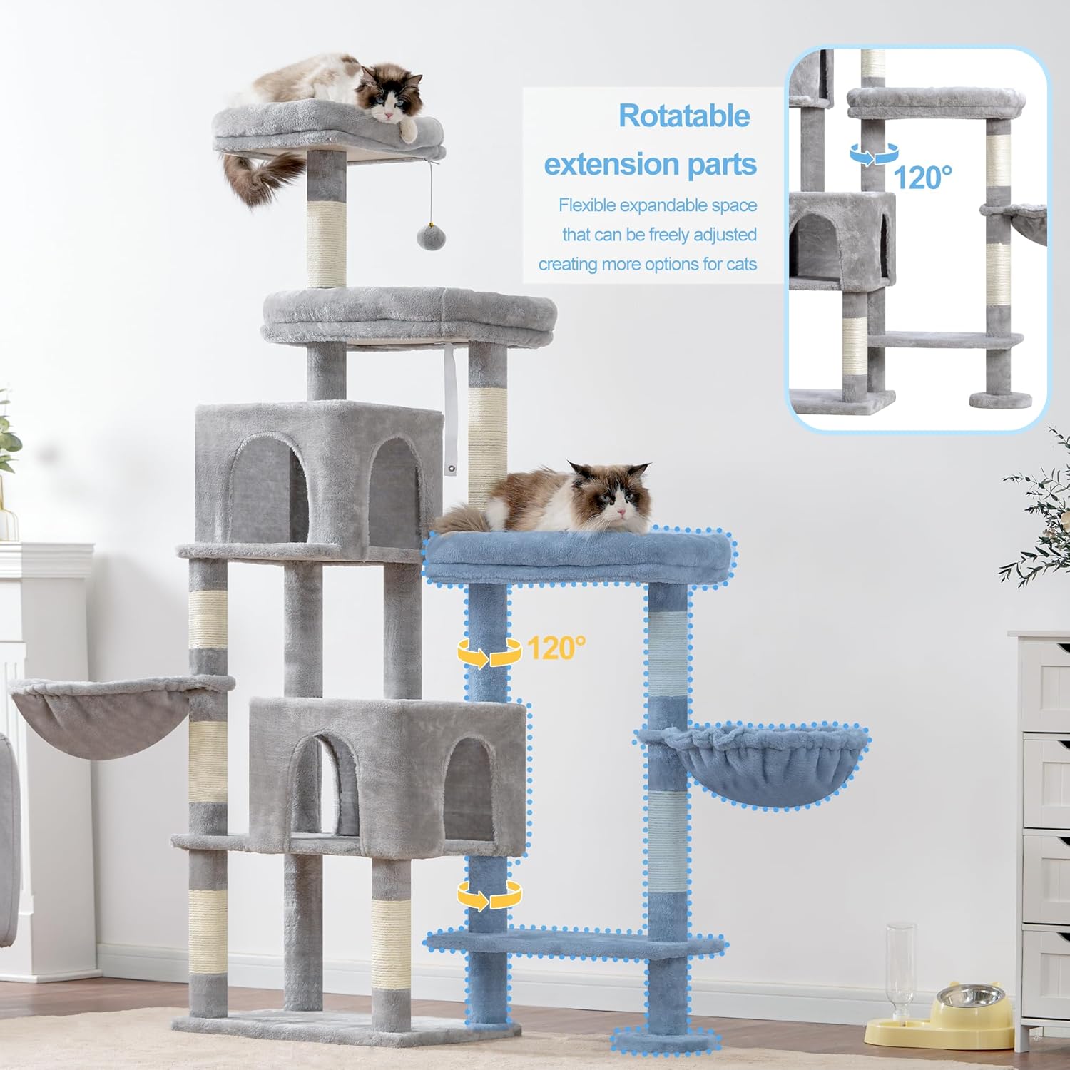 Hey-brother Cat Tree Tower, Scratching Posts with a Extended Part, Wide Platforms, Cozy Condos, Hammocks, Sisal Columns and Ball for Indoor Cats, 70.1 Inches, Light Gray MPJ038W - Happypetzone.online - Image 2