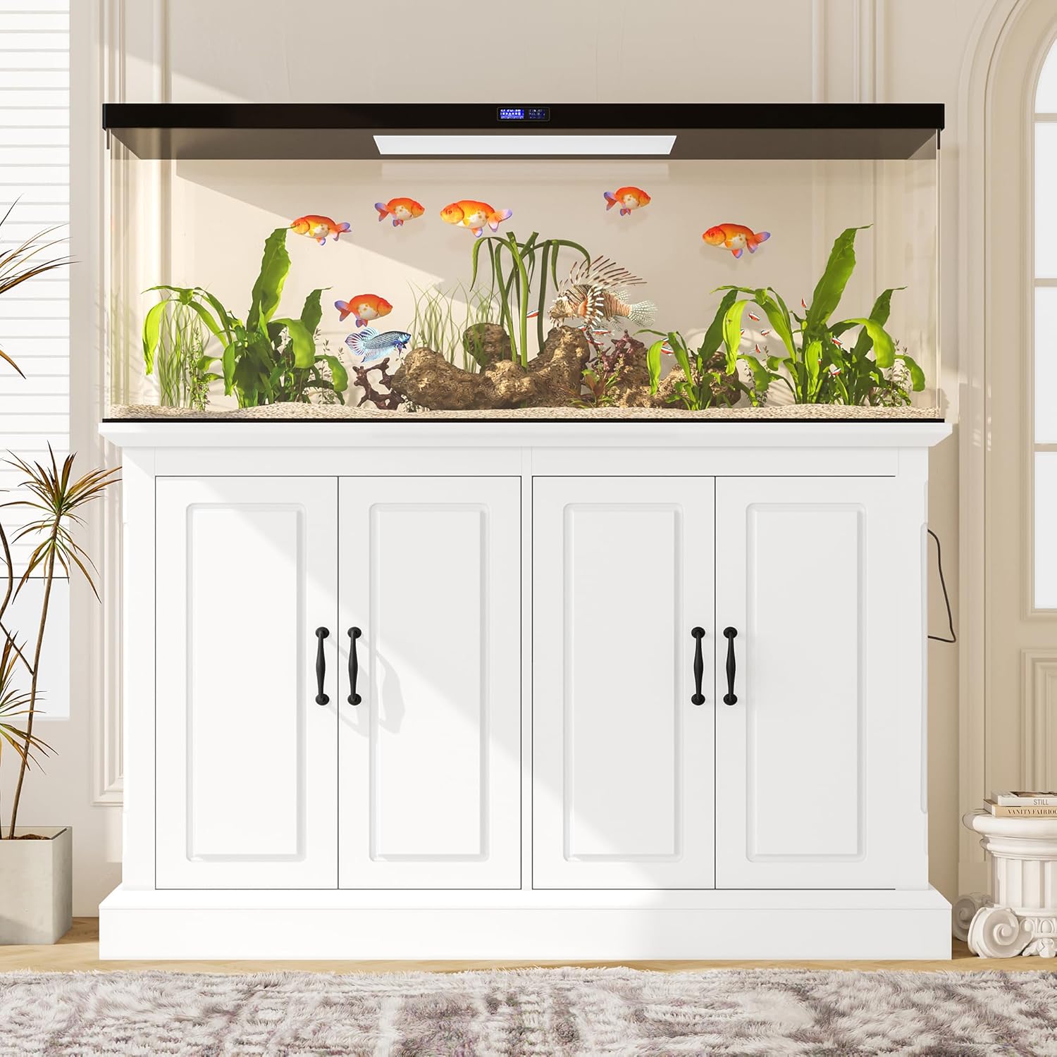 55-75 Gallon Fish Tank Stand with Power Outlet and 4 Cabinets, White Aquarium Stand with 4 AC 2 USB Ports, Heavy Duty Reptile Terrarium Cabinet, 880LBS Capacity, Aquarium Not Included - Happypetzone.online - Image 2