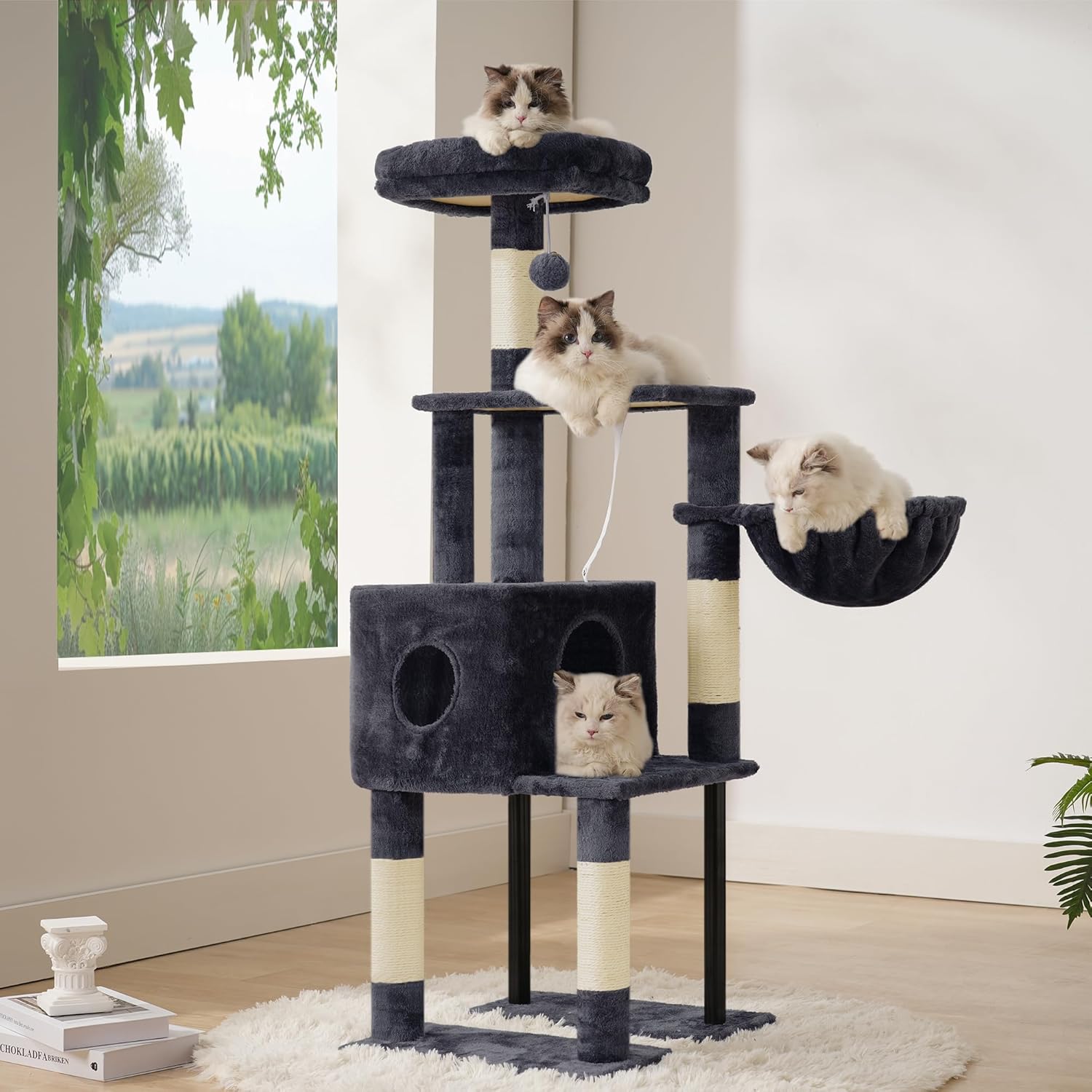 Heybly Cat Tree, 49.2 Inches Cat Tower for Indoor Cats, Spacious Cat House Condo with Hidden Space,Sturdy Steel Tube,Soft Plush Top Perch,Cozy Hammock and Sisal Scratching Posts, Smoky Gray HCT200SG - Happypetzone.online - Image 5