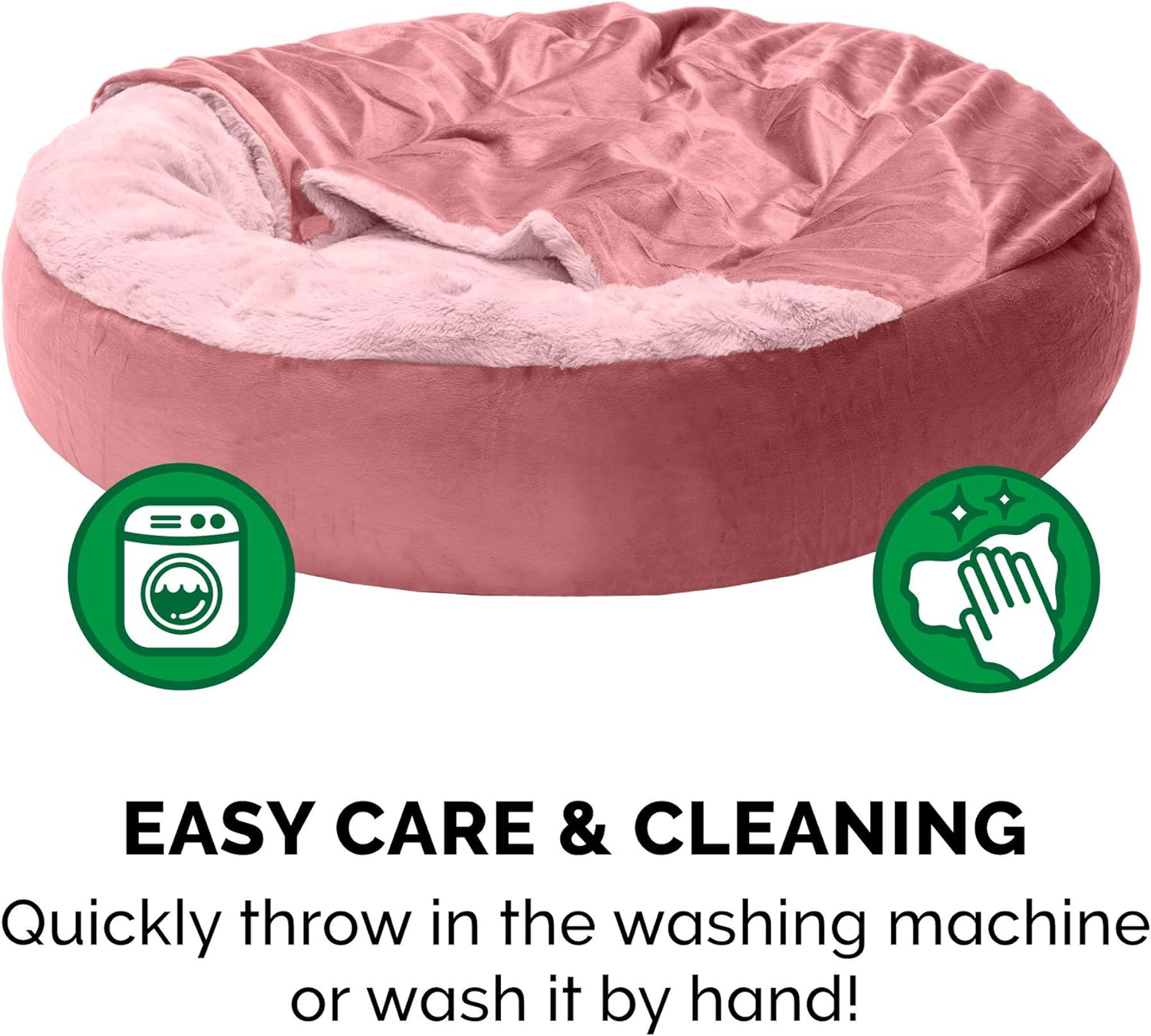 Furhaven 24" Round Calming Donut Dog Bed for Indoor Cats & Small Dogs, Washable, For Dogs Up to 20 lbs - Plush Velvet Waves Hooded Donut Bed - Rose Pink, Small - Happypetzone.online - Image 7