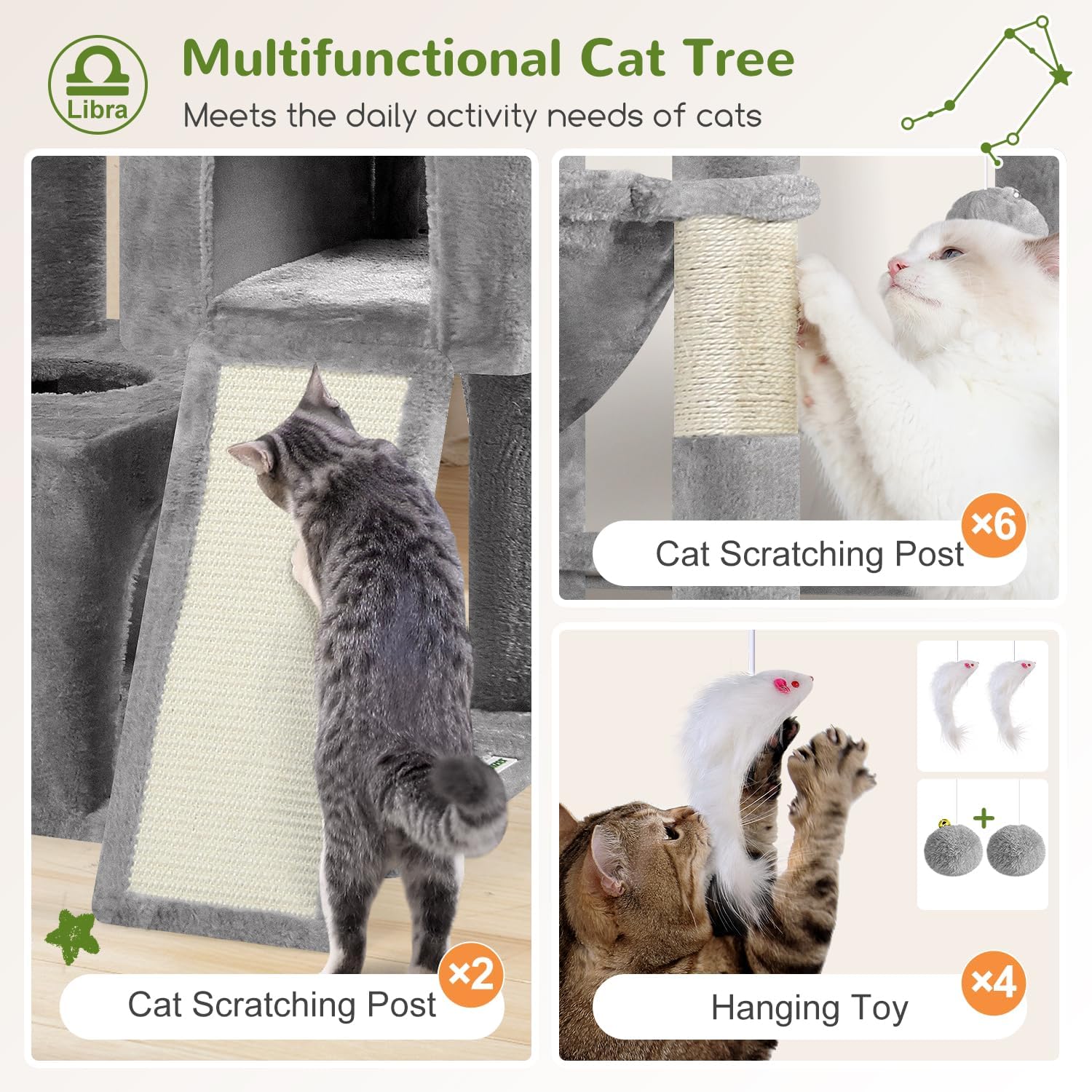 Globlazer Heavy Duty Cat Tree 78 inch Sturdy Cat Tower for 20lbs Large Adult Cats, Symmetrical Aesthetic Big Cat Tree with Extra Large Platform, 2 Scratching Boards, Z78, Light Grey - Happypetzone.online - Image 5