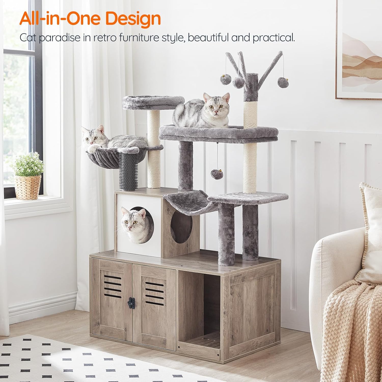 HOOBRO Large Hidden Litter Box, Cat Tree with 30.7'' Long Litter Box Enclosure, Modern Cat Tower, Cat Condos with Scratching Posts, Rubbing Post, Hammock and Teaser Sticks, Greige BG28MZ03G1 - Happypetzone.online - Image 2