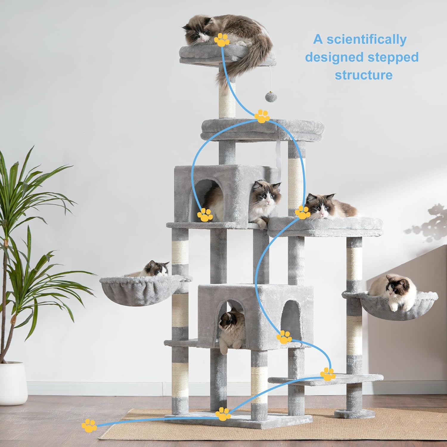 Hey-brother Cat Tree Tower, Scratching Posts with a Extended Part, Wide Platforms, Cozy Condos, Hammocks, Sisal Columns and Ball for Indoor Cats, 70.1 Inches, Light Gray MPJ038W - Happypetzone.online - Image 7
