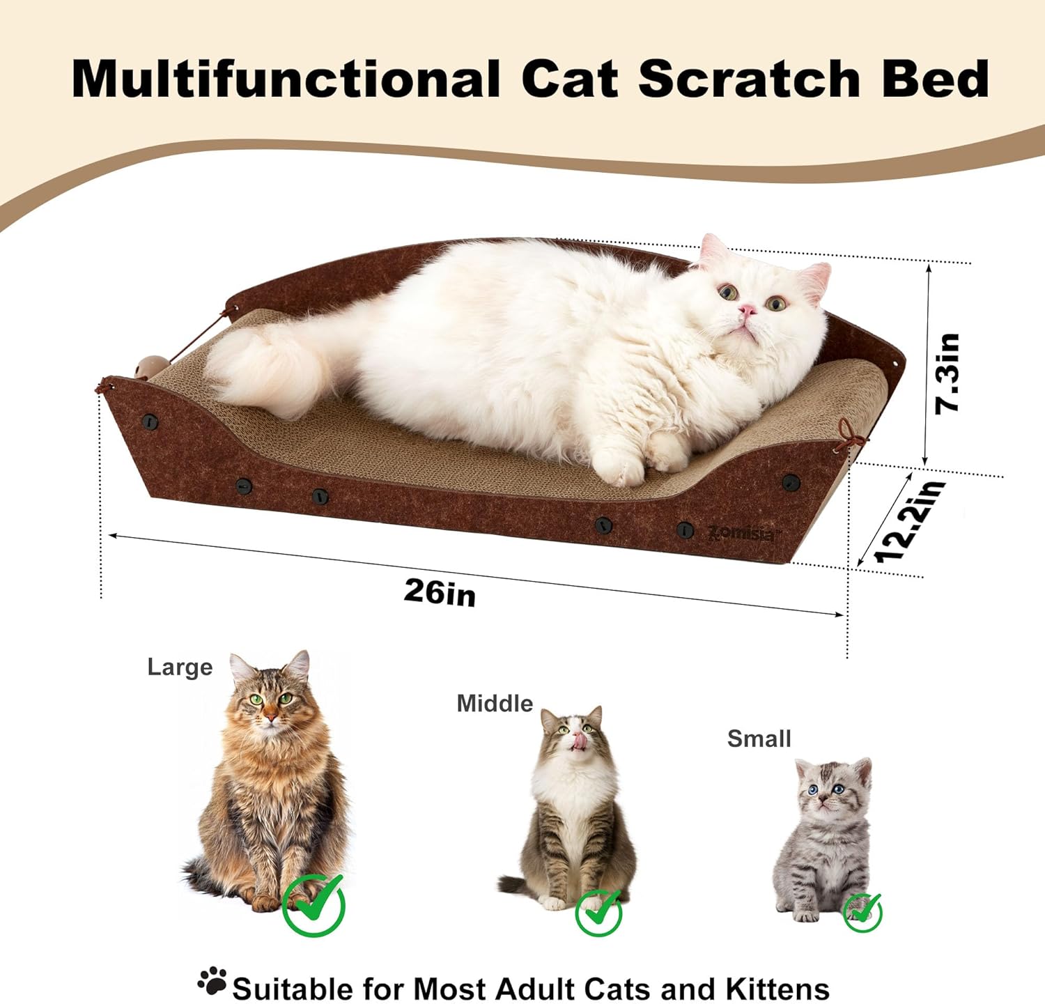 ZOMISIA 26'' Cardboard Cat Scratcher Bed - Large Scratcher Couch for Indoor Cats, Orthopedic Scratching Board, Lounger Scratching Couch with Bells - Happypetzone.online - Image 3