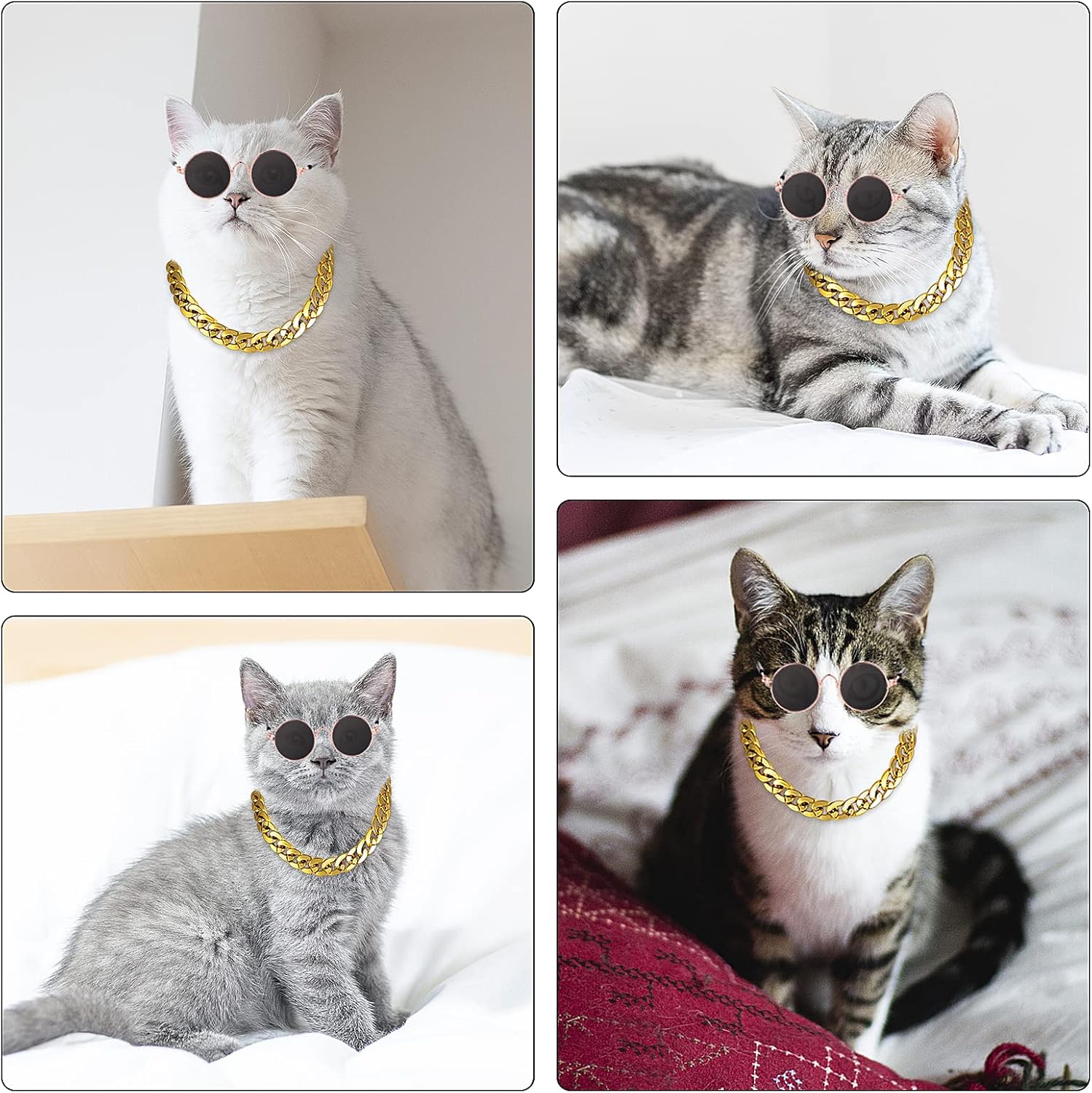 Molain Cat Sunglasses Gold Chain Costume Decorations- Cat UV Protection Classic Retro Puppy Retro Black Sunglasses Faux Gold Adjustable Chain Cosplay Costume Cool Funny Photo Props - Happypetzone.online - Image 7