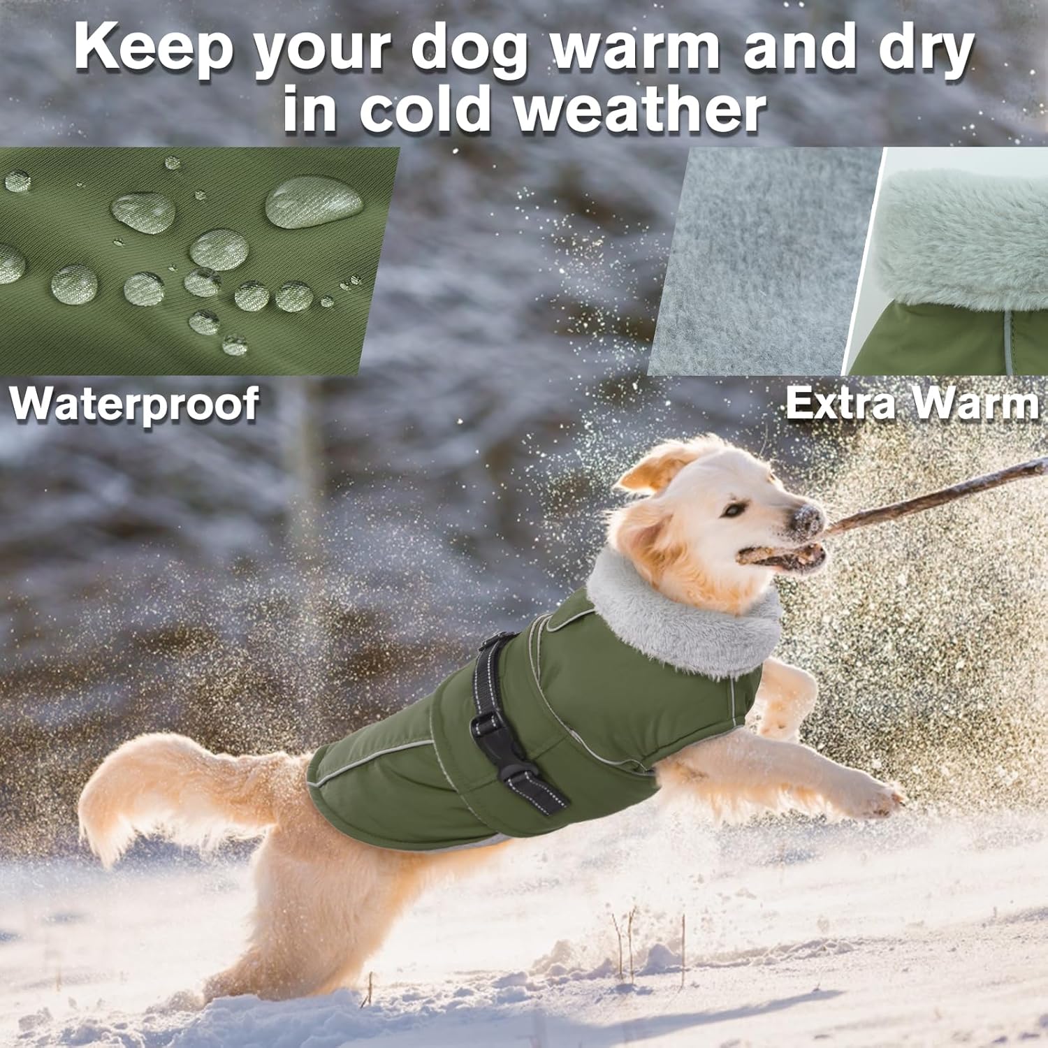 Lelepet Warm Dog Coat Reflective Fleece Vest Waterproof Dog Jacket with Adjustable Buckle Hook & Loop Windproof Cold Weather Coats for Small Medium Large Dogs, Army Green, M - Happypetzone.online - Image 2