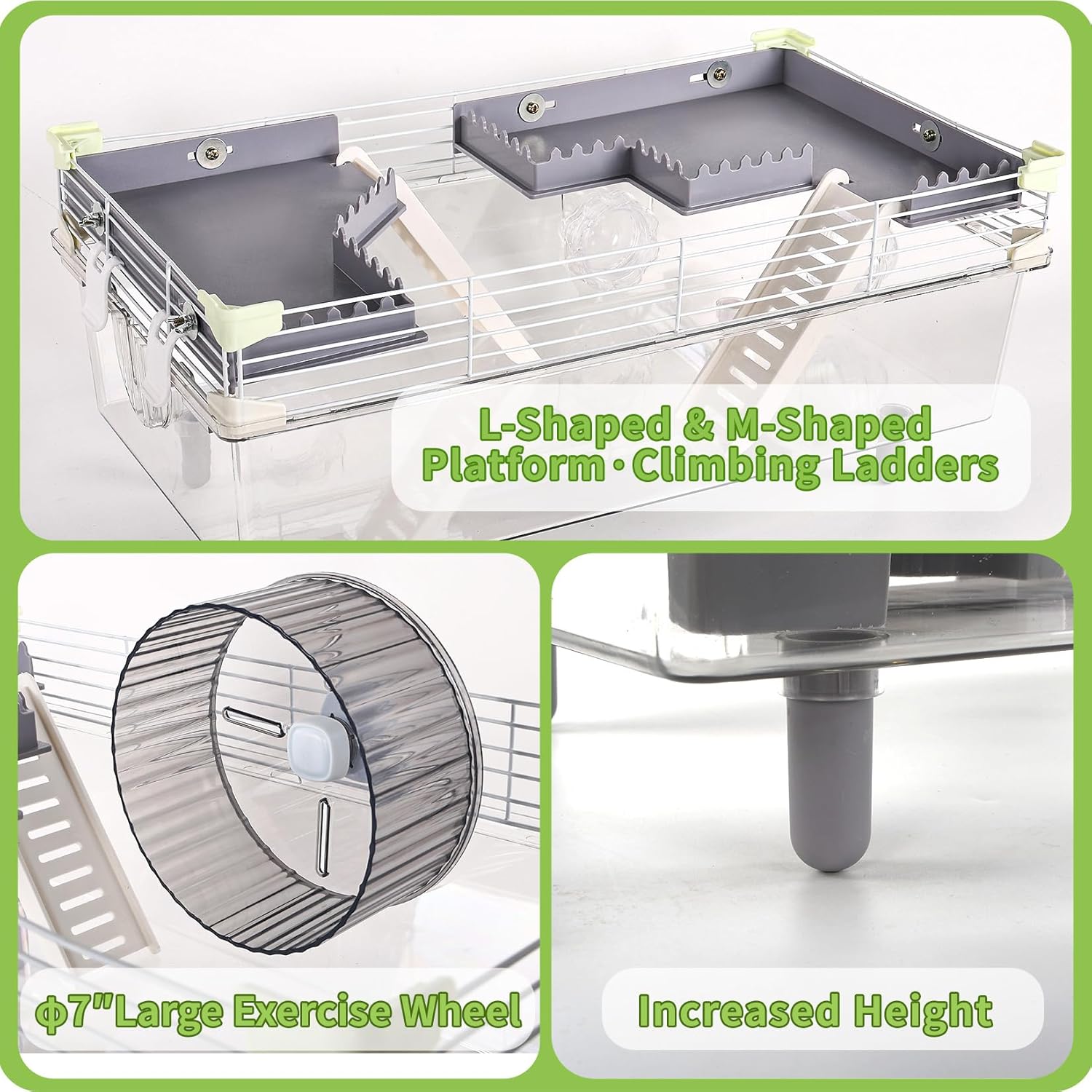 Large Multilevel Hamster Cage 22x12x15in for Dwarf Hamster Robo Hamster with 2 Platforms, Exercise Wheel, 3 Connectable Tube Ports, 2 Ladders, Sunroof Door, Plastic Metal Wire, Clear/Gray - Happypetzone.online - Image 6