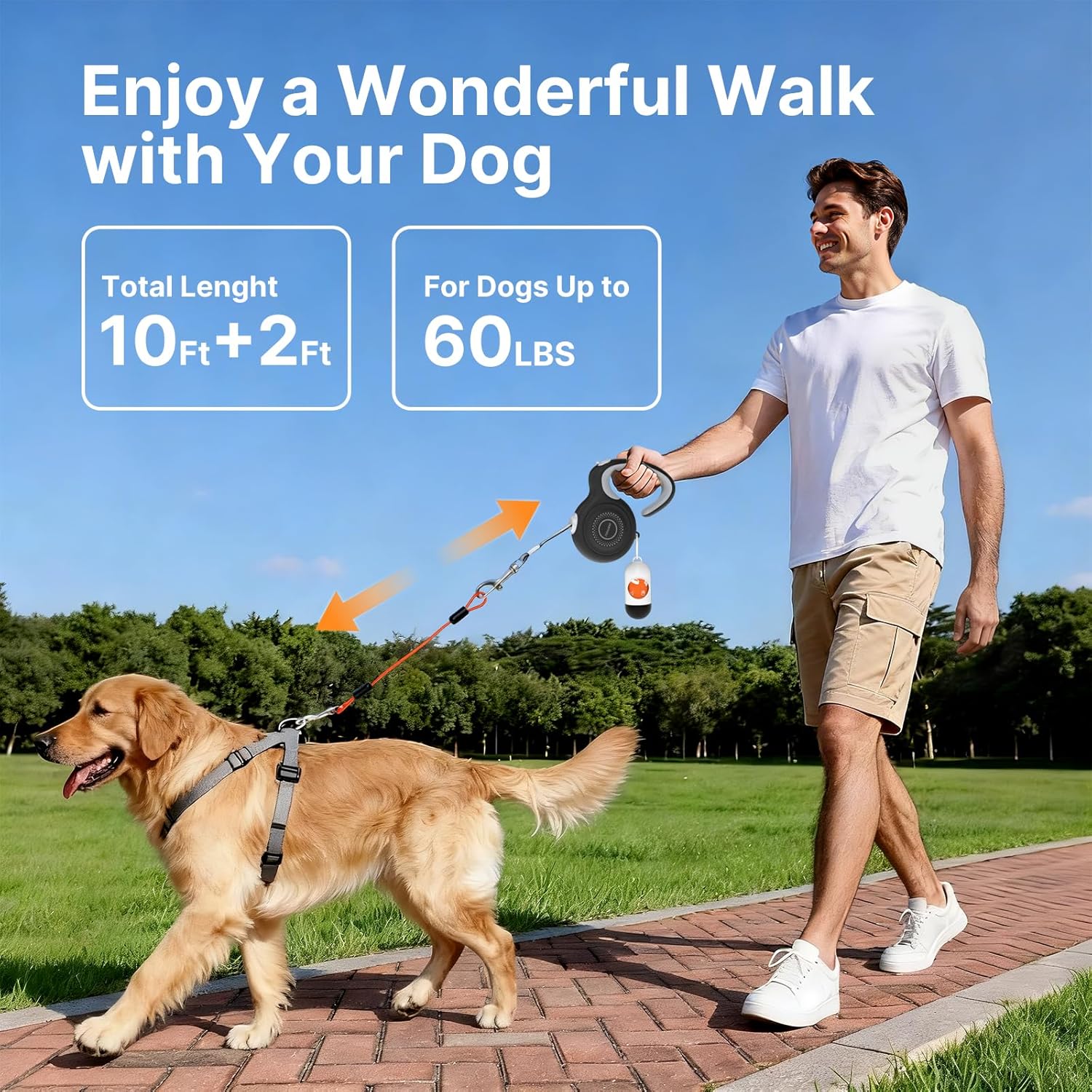 10Ft Auto-Brake Retractable Dog Leash with Chew-Proof Steel Cable, 360° Tangle-Free, Shock Absorbing, Built-in Poop Bag Dispenser, Ergonomic Comfort Grip Handle for Small Medium Dogs Up to 60lbs - Happypetzone.online - Image 2