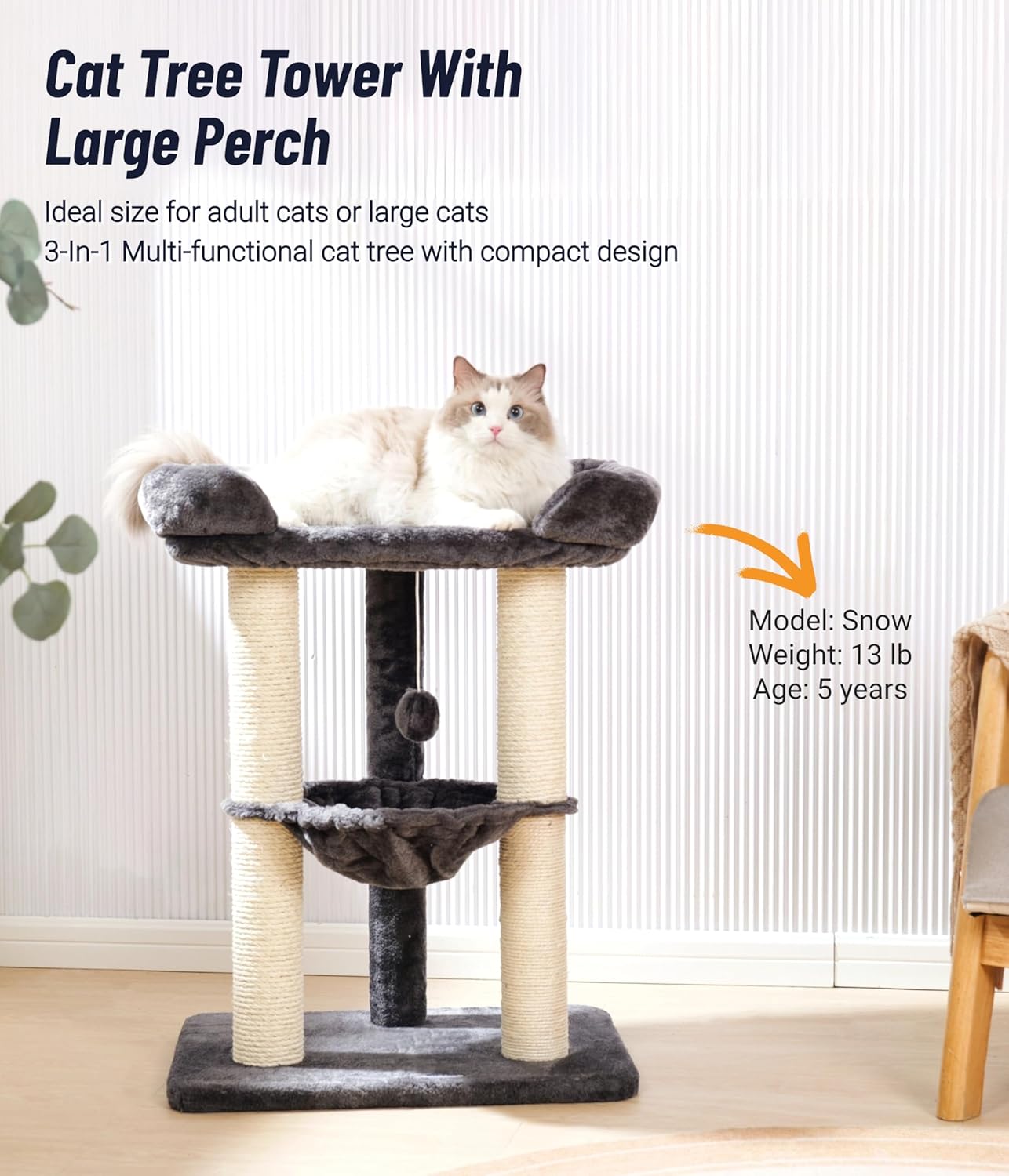 Happi N Pets 28" Cat Tree, Large Bed for Big Cats, Small Cat Tower with Soft Perch for Window Viewing, Stable Cat Tree Tower, Cat Scratching Post with Hammock, Removable Cover-Gray - Happypetzone.online - Image 2