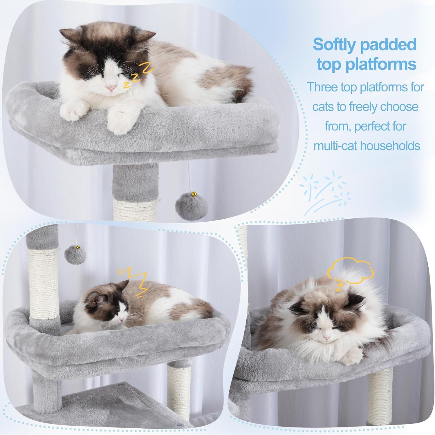 Hey-brother Cat Tree Tower, Scratching Posts with a Extended Part, Wide Platforms, Cozy Condos, Hammocks, Sisal Columns and Ball for Indoor Cats, 70.1 Inches, Light Gray MPJ038W - Happypetzone.online - Image 4