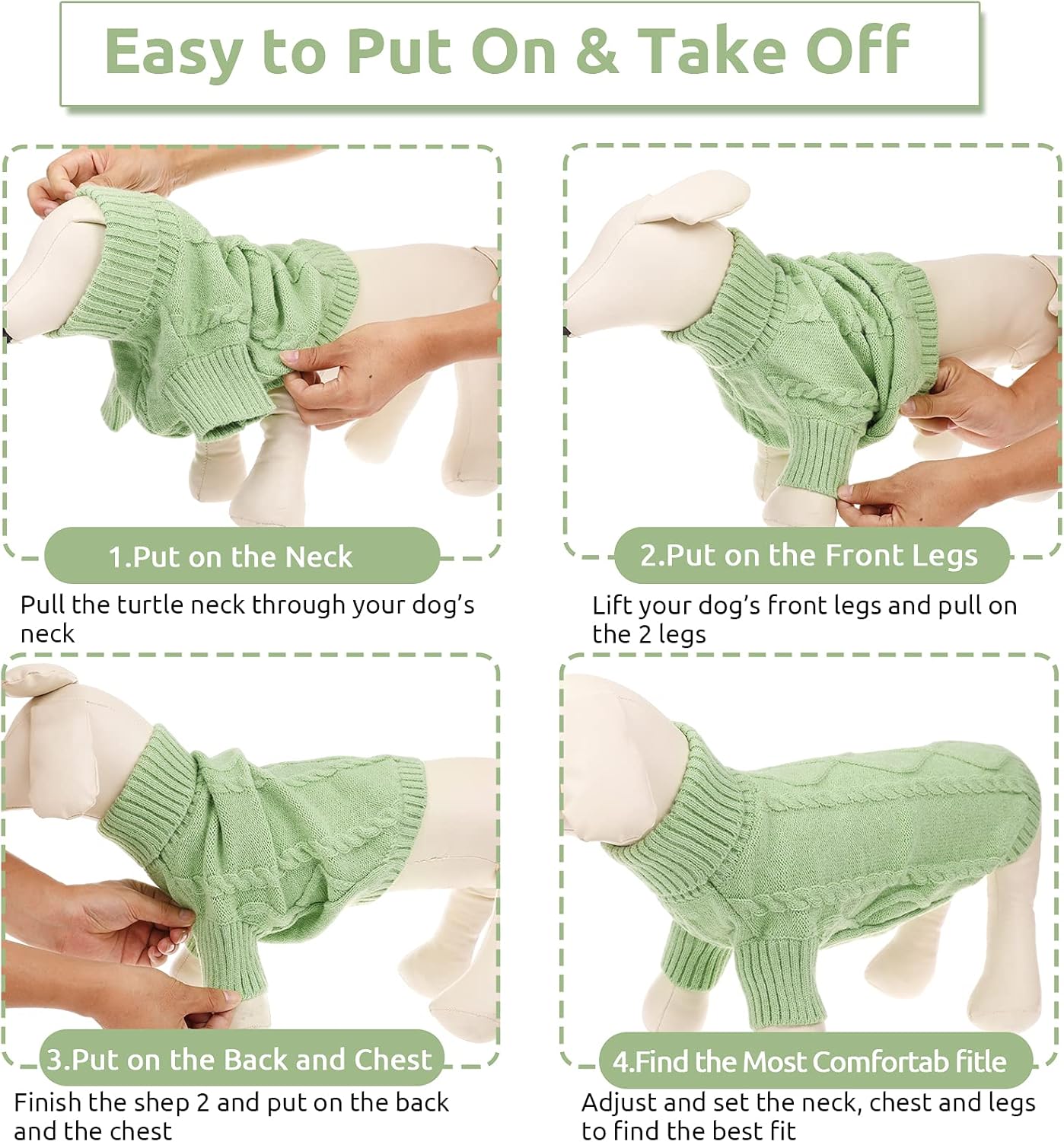 Queenmore Small Dog Pullover Sweater, Cold Weather Cable Knitwear, Classic Turtleneck Thick Warm Clothes for Chihuahua, Bulldog, Dachshund, Pug, Yorkie (Green, Small) - Happypetzone.online - Image 5