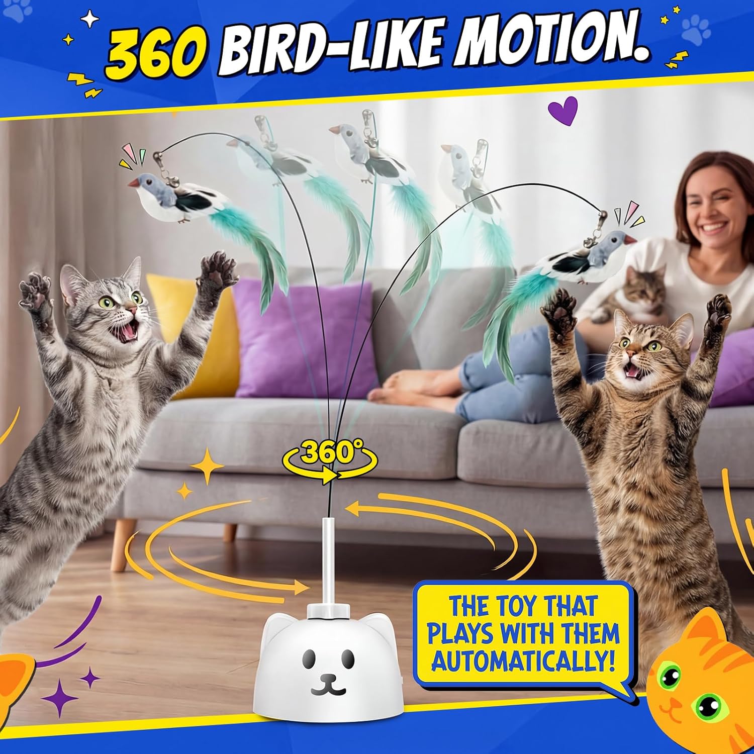 Interactive Cat Toys for Indoor Cats - Automatic Flying Bird Feather Toy, USB Rechargeable Electric Cat Teaser with Sticky Suction Base, Smart Motion Activated Self-Play Enrichment Toy for Bored Cats - Happypetzone.online - Image 7