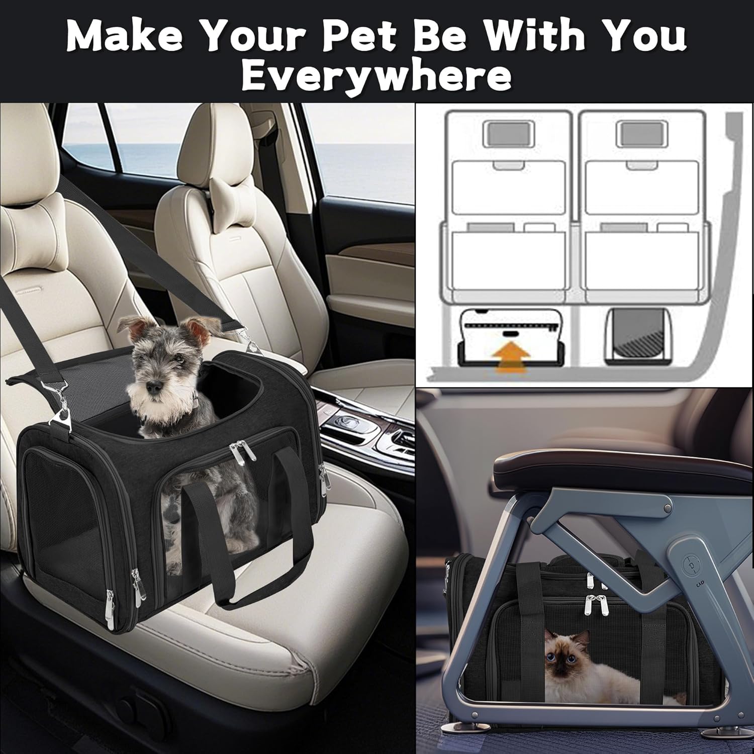 Soft-Sided Cat/Dog/Pet Carrier, Collapsible Pets Travel Carriers for Big Cats/Small Dogs with Shoulder Strap & Removable Mat, Mesh Puppy Carry Bag, Up to 16 Lbs, TSA Airline Approved(Black) - Happypetzone.online - Image 7