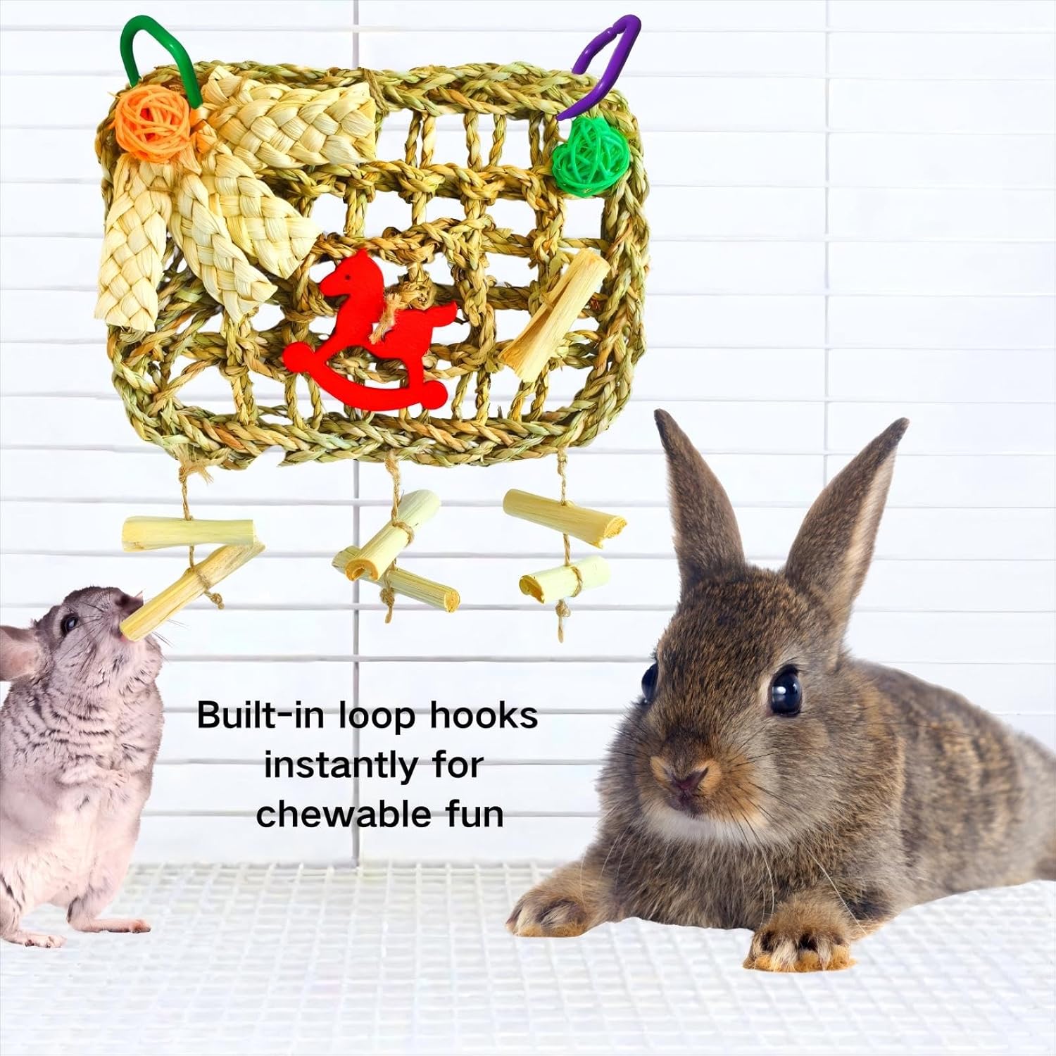 Rabbits Chew Toy,Bunny Cage Hanging Chew Toys and Treats,Grass with Sweet Bamboo for Guinea Pigs Chinchillas Hamsters Rats - Happypetzone.online - Image 2